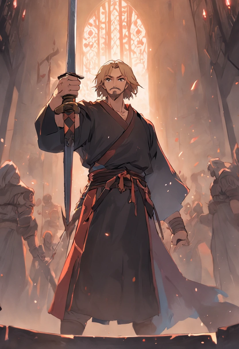 desenho de rpg, um homem forte de rosto quadrado e barba rala, shoulder-length blonde hair, usando roupas pretas medievais sem qualquer detalhe a mais, uma camisa preta medieval, A medieval black gibbon, one of the raised hands holding a sword, sem fundo, hand-drawn