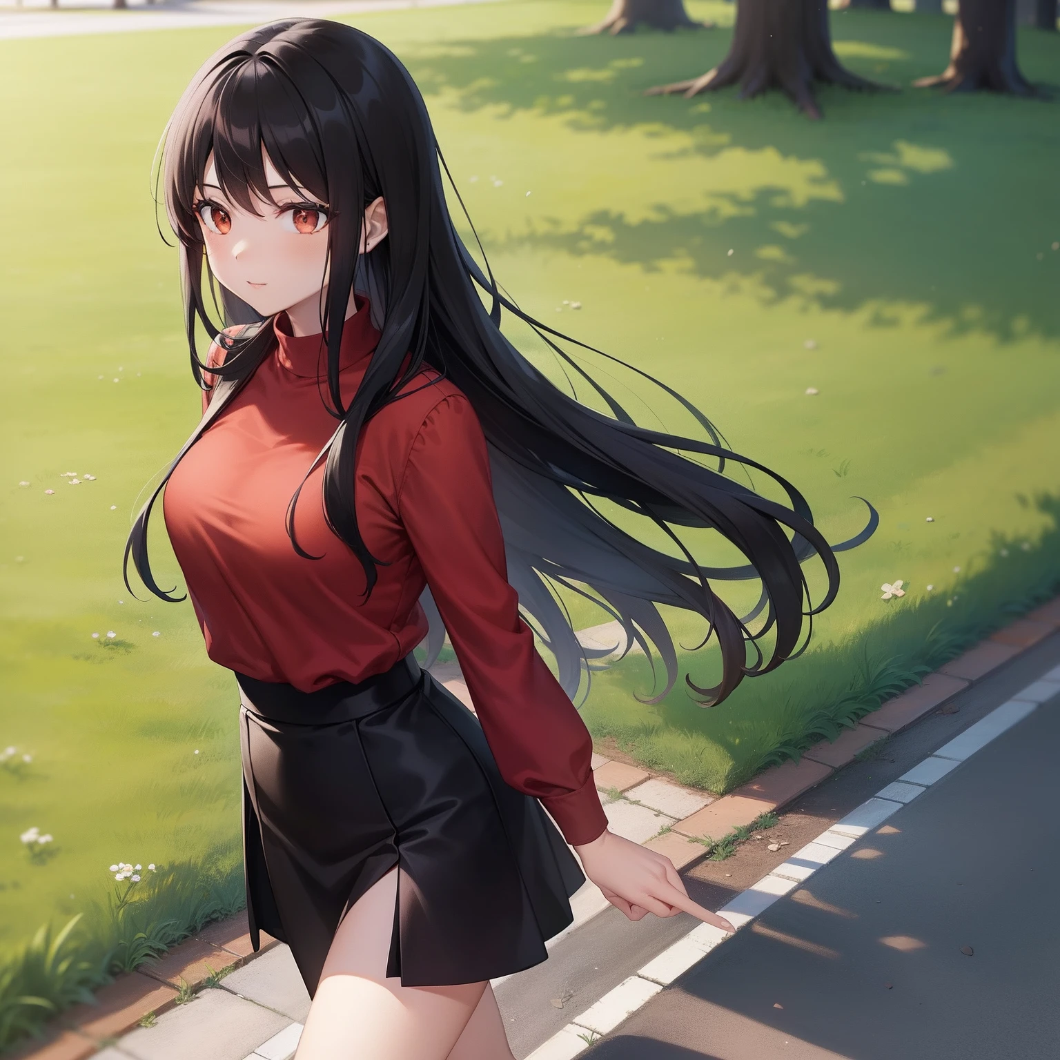 Garota,Long black hair, brown eyes, medium chest, red shirt, black skirt, walking in a park