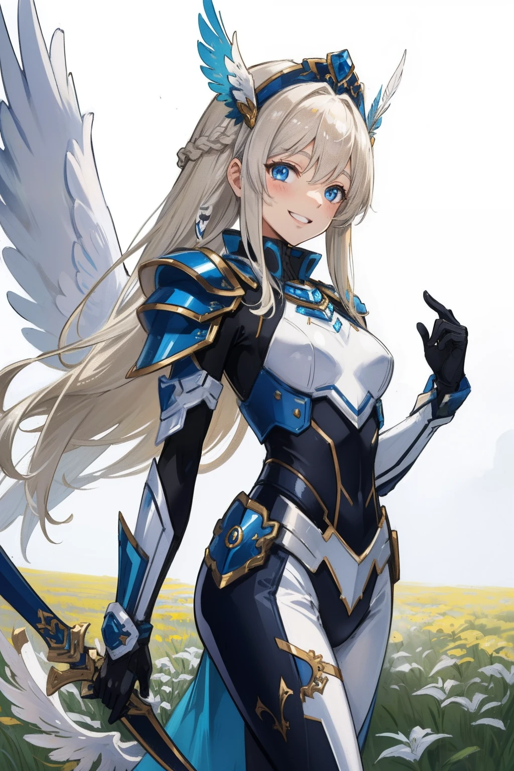(​master piece, Best Quality),  Intricate details, valkyrie, kawaii, Happy, (((Laugh))), smirk, Hand up, Looking at Viewer, Feather Headgear, Flower meadow, 
1 girl in, Solo, Portrait, Tentacle Plutinum Blonde Hair, droopy steelblue eyes, Silver Single Thigh, White Independent Single Sleeve, gloves, Single braid, 
 mecha musume, White bodysuit, Silver Reinforced Suit, Mini Feather Wing, silver pantyhose, full armor, flower decoration, equip sword,
