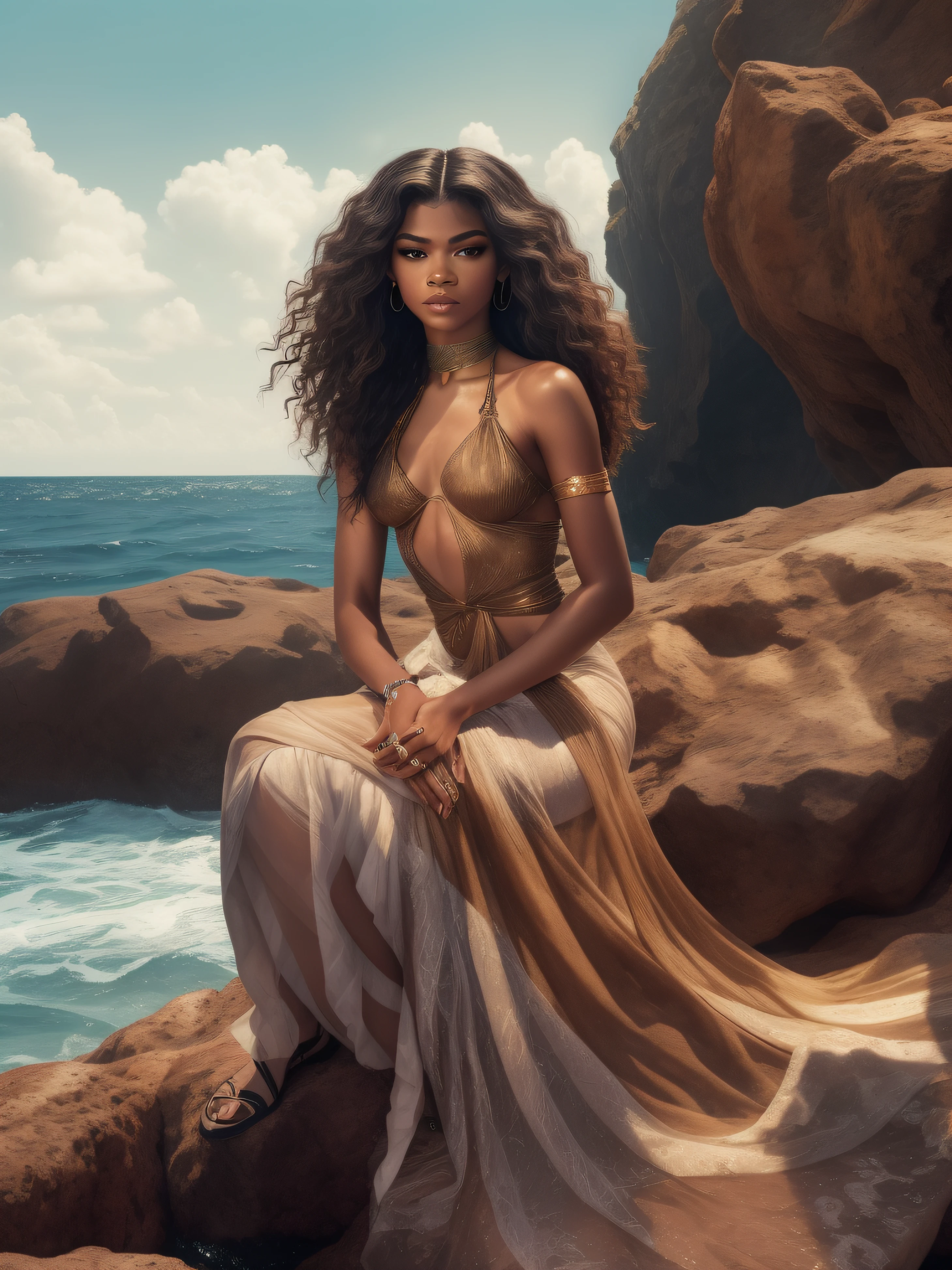 Zendaya is a majestic Aphrodite, her ebony skin and dark black hair shimmering in the sunlight, seated atop a majestic rock emerging from the ocean's depths. Dressed in a Loincloth.