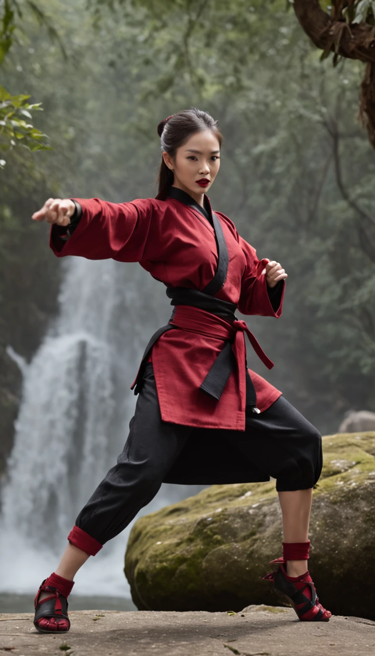 The expression is a smile. Produce a female martial artist costume designed in shades of deep red and black. Give this image a dynamic feeling of fire and wind. Next, add a combat outfit (raw legs or tights) designed to accentuate the lines of the body (mini-skirt or spats) and give it a special touch with metal accents and belts. Further, combine accessories with gold or silver armbands, a cape without a brim and matching rings or earrings. Finally, emphasise the martial artist's strength and charm with sharp eyeliner and a deep red lip. Dynamic poses: adopt poses that show the energy and movement of a martial artist, such as fists thrust forward or raising one leg to replicate the action of a kick. Location: an ancient stone dojo with a thick mist in the air. It is surrounded by old stone statues and bamboo forests, with a cascading waterfall in the background. The place has a mystical and historical atmosphere that complements the martial artist's costume and its dynamism.