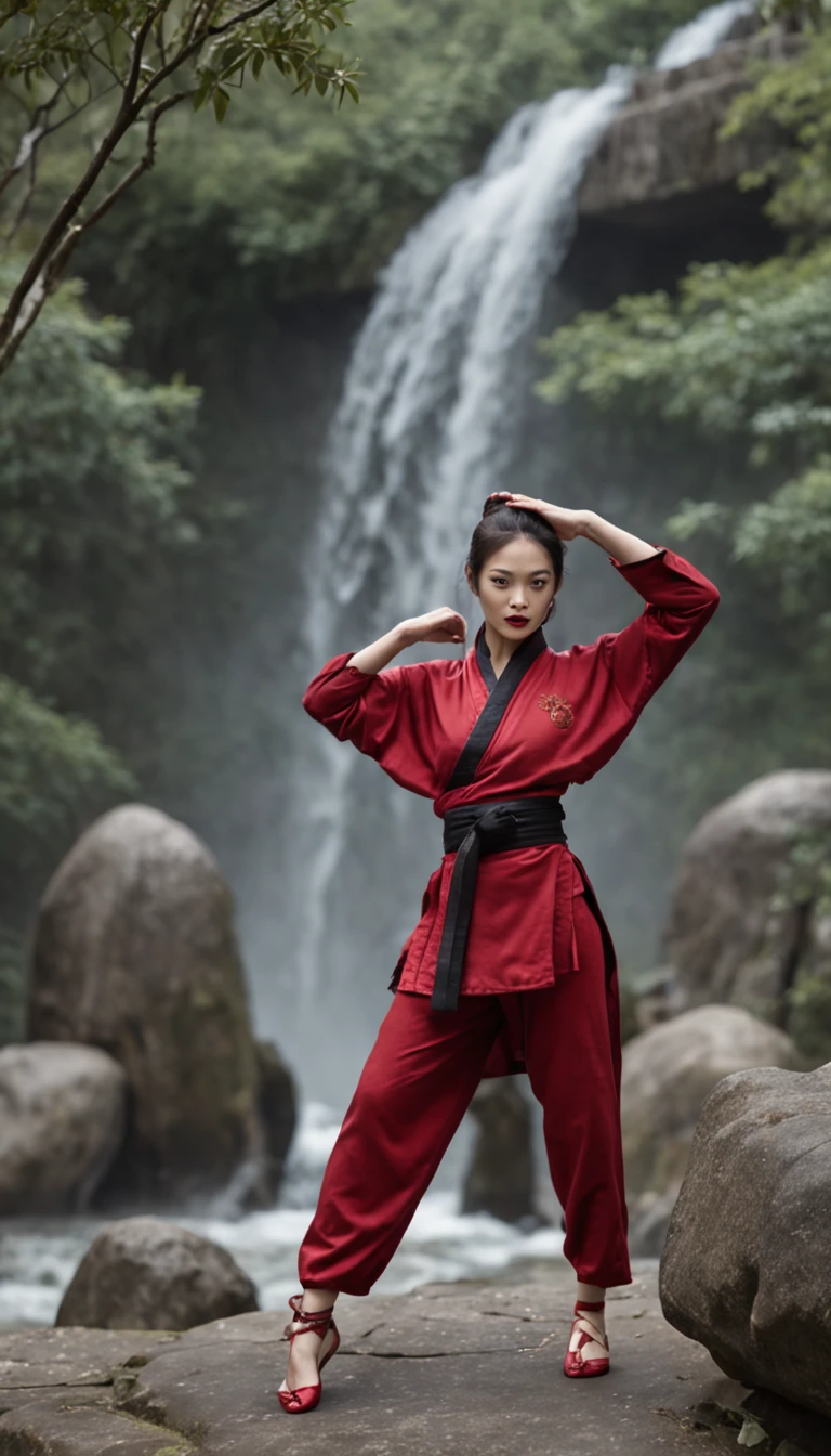 The expression is a smile. Produce a female martial artist costume designed in shades of deep red and black. Give this image a dynamic feeling of fire and wind. Next, add a combat outfit (raw legs or tights) designed to accentuate the lines of the body (mini-skirt or spats) and give it a special touch with metal accents and belts. Further, combine accessories with gold or silver armbands, a cape without a brim and matching rings or earrings. Finally, emphasise the martial artist's strength and charm with sharp eyeliner and a deep red lip. Dynamic poses: adopt poses that show the energy and movement of a martial artist, such as fists thrust forward or raising one leg to replicate the action of a kick. Location: an ancient stone dojo with a thick mist in the air. It is surrounded by old stone statues and bamboo forests, with a cascading waterfall in the background. The place has a mystical and historical atmosphere that complements the martial artist's costume and its dynamism.