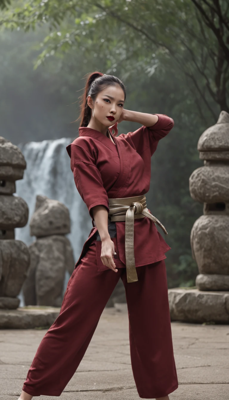 The expression is a smile. Produce a female martial artist costume designed in shades of deep red and black. Give this image a dynamic feeling of fire and wind. Next, add a combat outfit (raw legs or tights) designed to accentuate the lines of the body (mini-skirt or spats) and give it a special touch with metal accents and belts. Further, combine accessories with gold or silver armbands, a cape without a brim and matching rings or earrings. Finally, emphasise the martial artist's strength and charm with sharp eyeliner and a deep red lip. Dynamic poses: adopt poses that show the energy and movement of a martial artist, such as fists thrust forward or raising one leg to replicate the action of a kick. Location: an ancient stone dojo with a thick mist in the air. It is surrounded by old stone statues and bamboo forests, with a cascading waterfall in the background. The place has a mystical and historical atmosphere that complements the martial artist's costume and its dynamism.