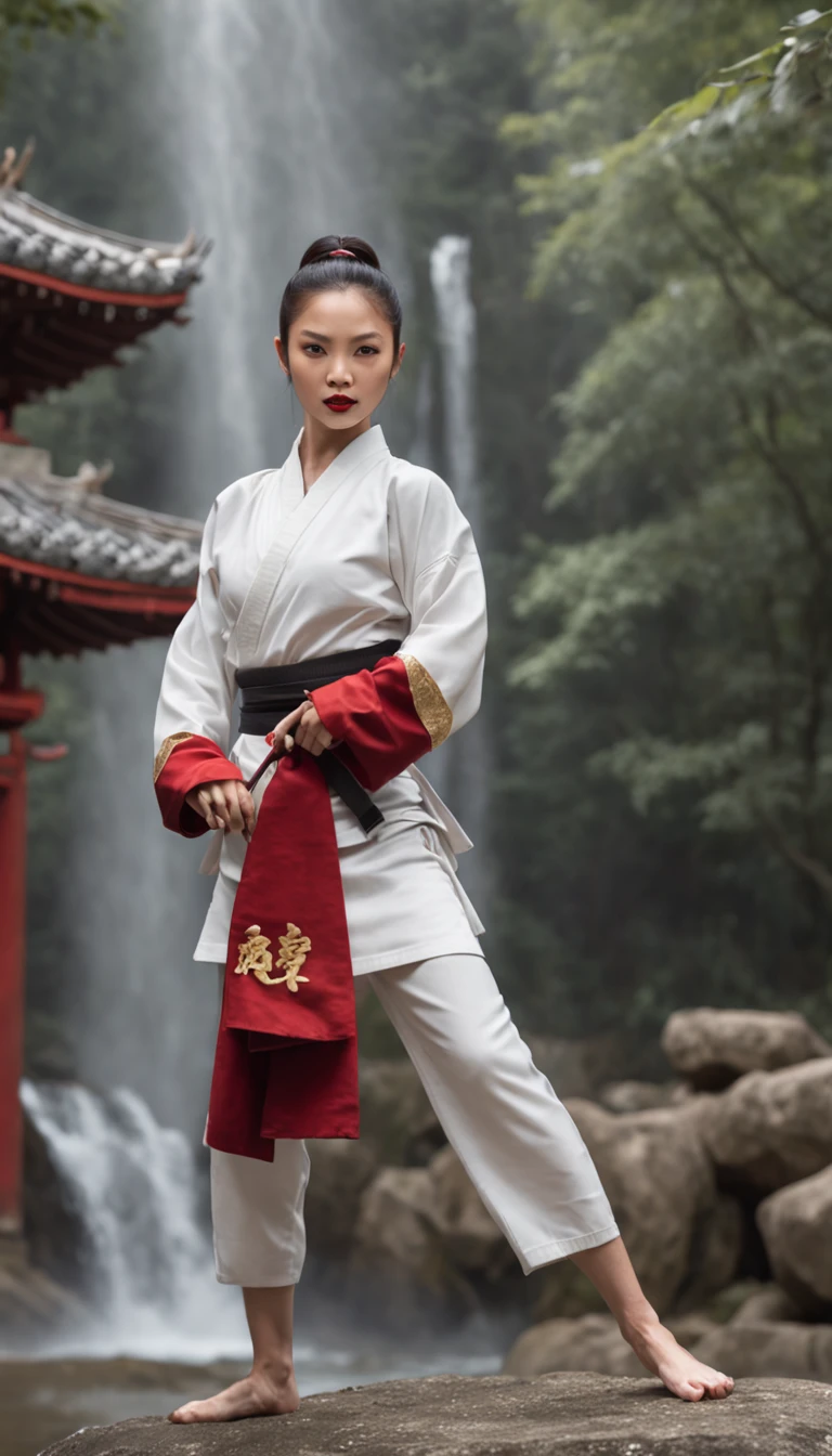 The expression is a smile. Produce a female martial artist costume designed in shades of deep red and black. Give this image a dynamic feeling of fire and wind. Next, add a combat outfit (raw legs or tights) designed to accentuate the lines of the body (mini-skirt or spats) and give it a special touch with metal accents and belts. Further, combine accessories with gold or silver armbands, a cape without a brim and matching rings or earrings. Finally, emphasise the martial artist's strength and charm with sharp eyeliner and a deep red lip. Dynamic poses: adopt poses that show the energy and movement of a martial artist, such as fists thrust forward or raising one leg to replicate the action of a kick. Location: an ancient stone dojo with a thick mist in the air. It is surrounded by old stone statues and bamboo forests, with a cascading waterfall in the background. The place has a mystical and historical atmosphere that complements the martial artist's costume and its dynamism.