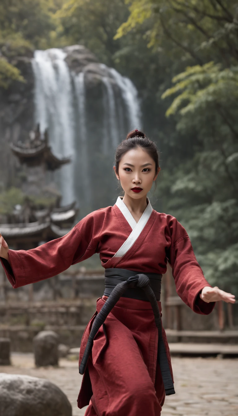 The expression is a smile. Produce a female martial artist costume designed in shades of deep red and black. Give this image a dynamic feeling of fire and wind. Next, add a combat outfit (raw legs or tights) designed to accentuate the lines of the body (mini-skirt or spats) and give it a special touch with metal accents and belts. Further, combine accessories with gold or silver armbands, a cape without a brim and matching rings or earrings. Finally, emphasise the martial artist's strength and charm with sharp eyeliner and a deep red lip. Dynamic poses: adopt poses that show the energy and movement of a martial artist, such as fists thrust forward or raising one leg to replicate the action of a kick. Location: an ancient stone dojo with a thick mist in the air. It is surrounded by old stone statues and bamboo forests, with a cascading waterfall in the background. The place has a mystical and historical atmosphere that complements the martial artist's costume and its dynamism.