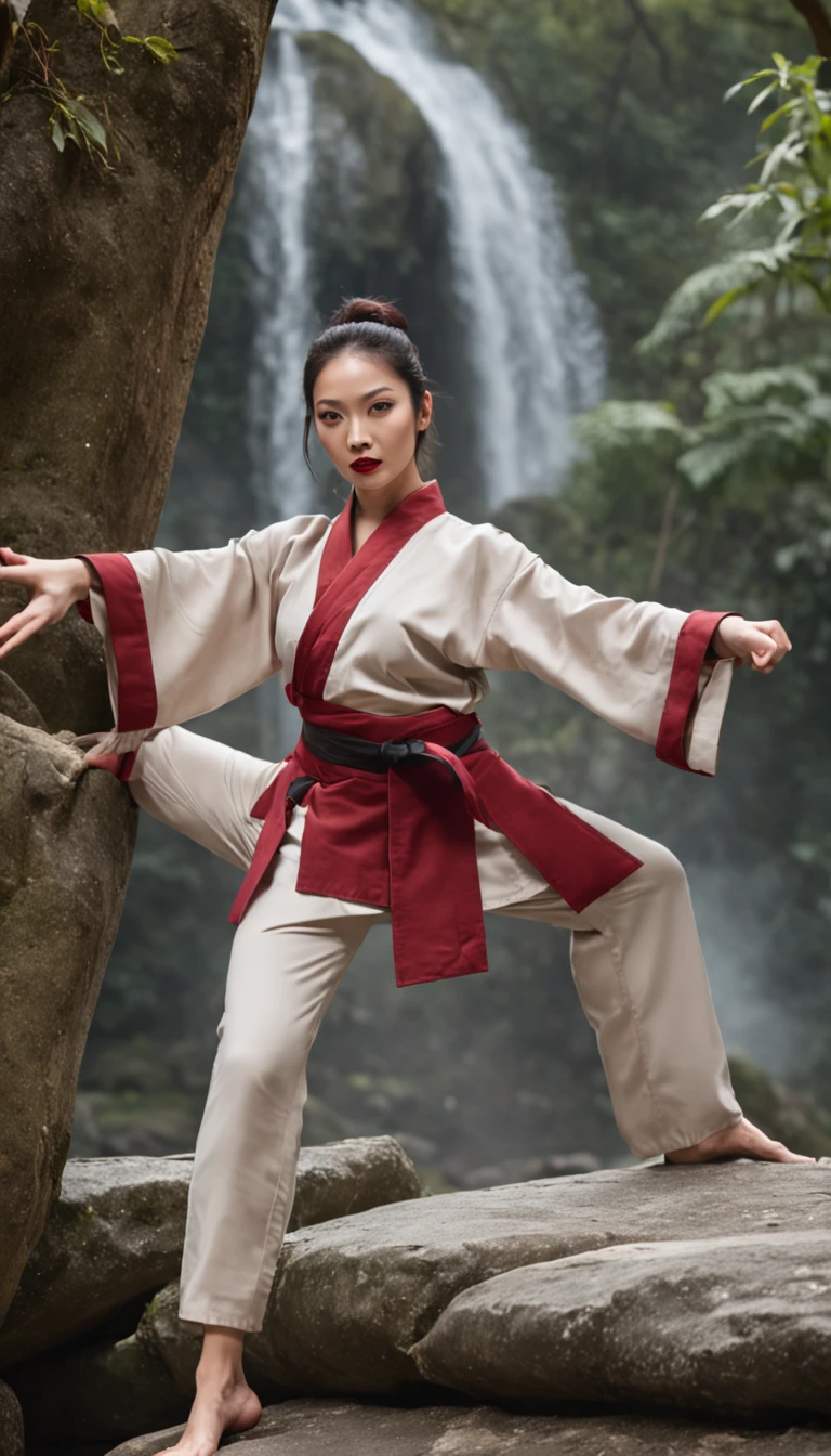 The expression is a smile. Produce a female martial artist costume designed in shades of deep red and black. Give this image a dynamic feeling of fire and wind. Next, add a combat outfit (raw legs or tights) designed to accentuate the lines of the body (mini-skirt or spats) and give it a special touch with metal accents and belts. Further, combine accessories with gold or silver armbands, a cape without a brim and matching rings or earrings. Finally, emphasise the martial artist's strength and charm with sharp eyeliner and a deep red lip. Dynamic poses: adopt poses that show the energy and movement of a martial artist, such as fists thrust forward or raising one leg to replicate the action of a kick. Location: an ancient stone dojo with a thick mist in the air. It is surrounded by old stone statues and bamboo forests, with a cascading waterfall in the background. The place has a mystical and historical atmosphere that complements the martial artist's costume and its dynamism.