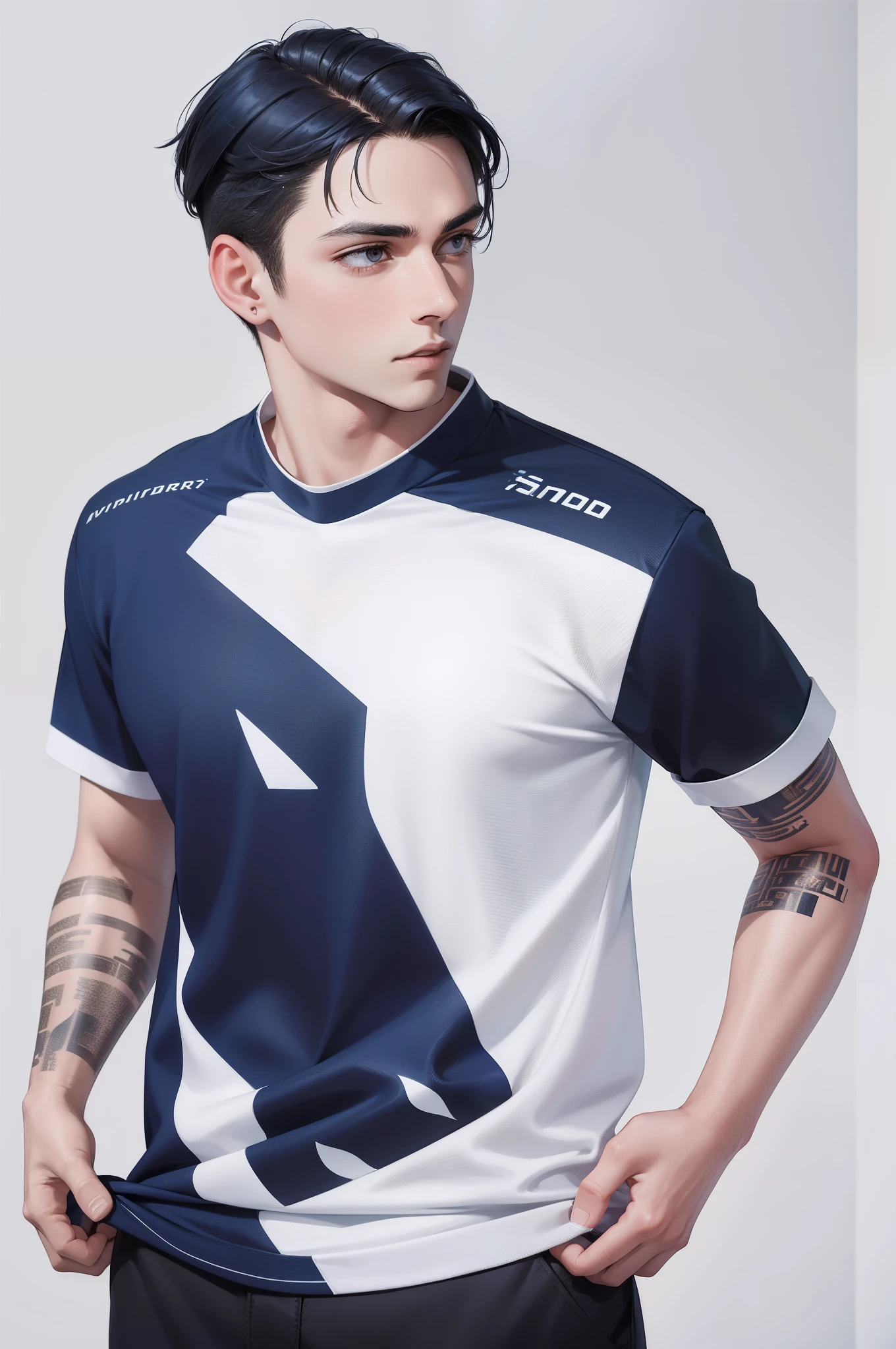 Attractive profile picture, masterpiece, ultra-precise rendering, beautiful and cool young man, trustworthy, dependable young man, savior of the world, simple design, most beautiful image, 4K, blue black hair, sixpack body, facial hair