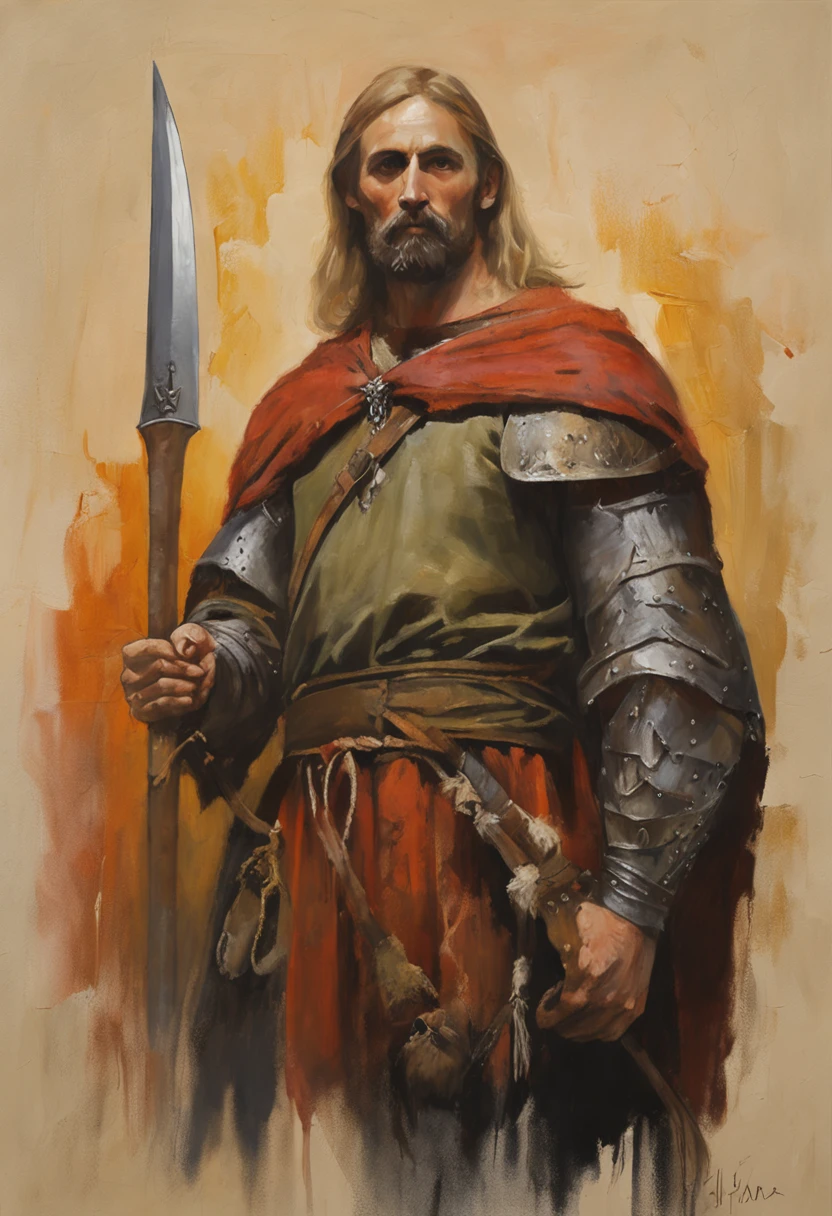 desenho de rpg, um homem forte de rosto quadrado e barba rala, shoulder-length blonde hair, usando roupas pretas medievais sem qualquer detalhe a mais, uma camisa preta medieval, A medieval black gibbon, one of the raised hands holding a sword, sem fundo, hand-drawn