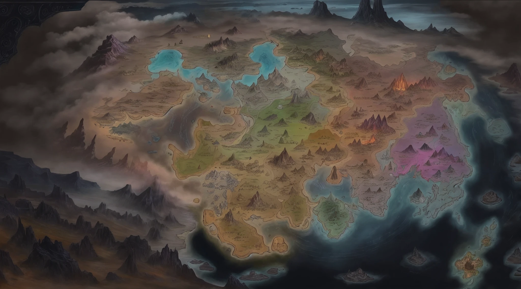 Close-up of world map with many different colors, ancient fantasy regional map, Detailed fantasy map details，Terrain details, Land of advanced races, facing worlds map, steam workshop maps, Fantasy world map, Battle of Warcraft, highly detailed map, Detailed map, Fantasy map, Fantasy map, map of fantacy world, ancient map, Show the kingdom，