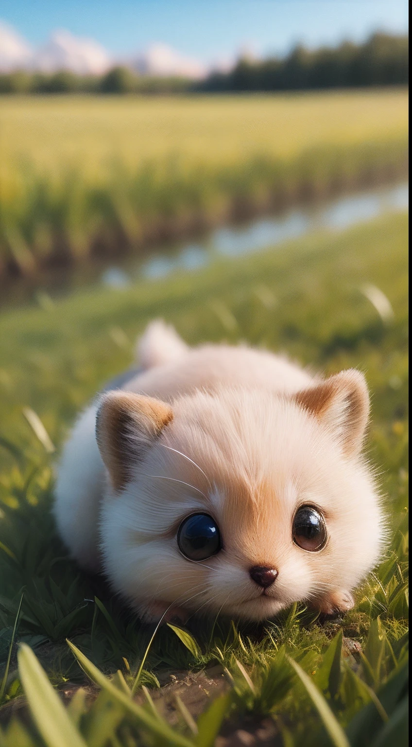 Early morning atmosphere, beautiful natural landscape, thick grass, macro photography in the grass, dew drops with reflection, very small cute creatures in macro photography scurrying in the grass about their little business, macro photography, a lot of small furry creatures, small furry things