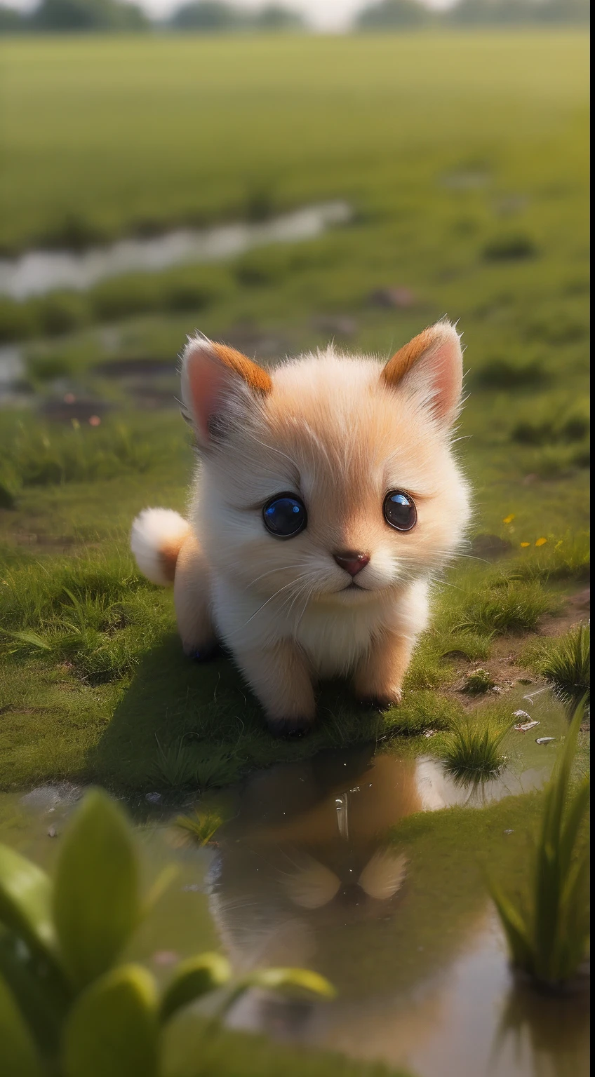 Early morning atmosphere, beautiful natural landscape, thick grass, macro photography in the grass, dew drops with reflection, very small cute creatures in macro photography scurrying in the grass about their little business, macro photography, a lot of small furry creatures, small furry things
