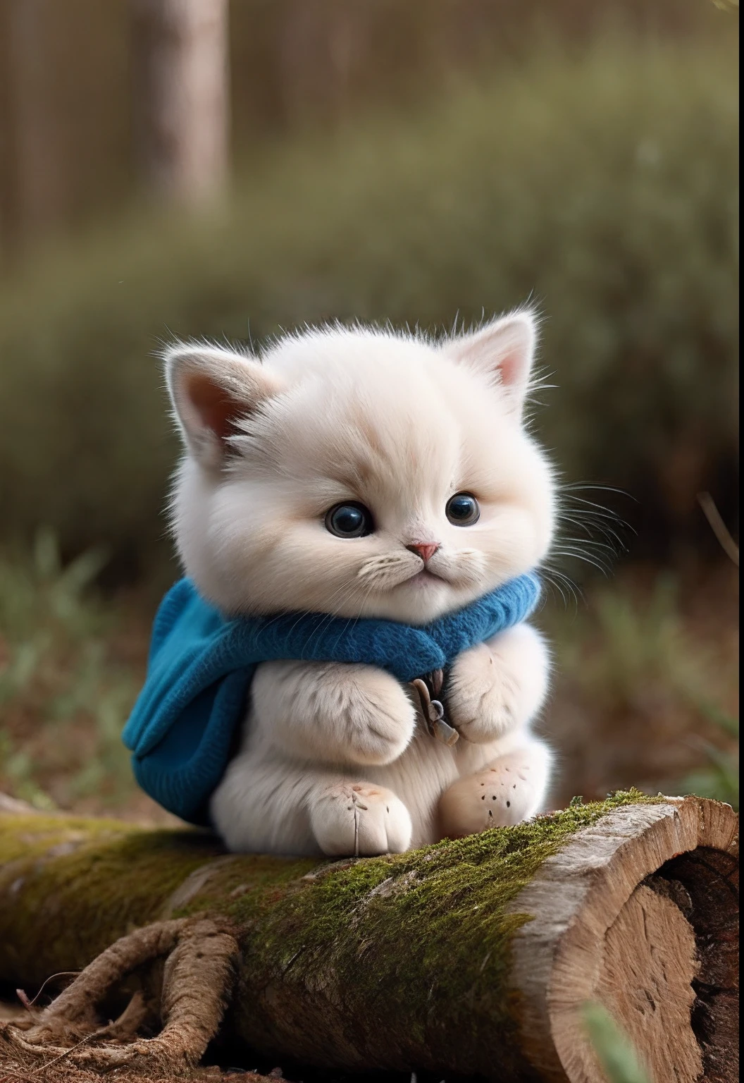Fluffy cat sitting near the roots of a tree in the middle of the mountain, cute