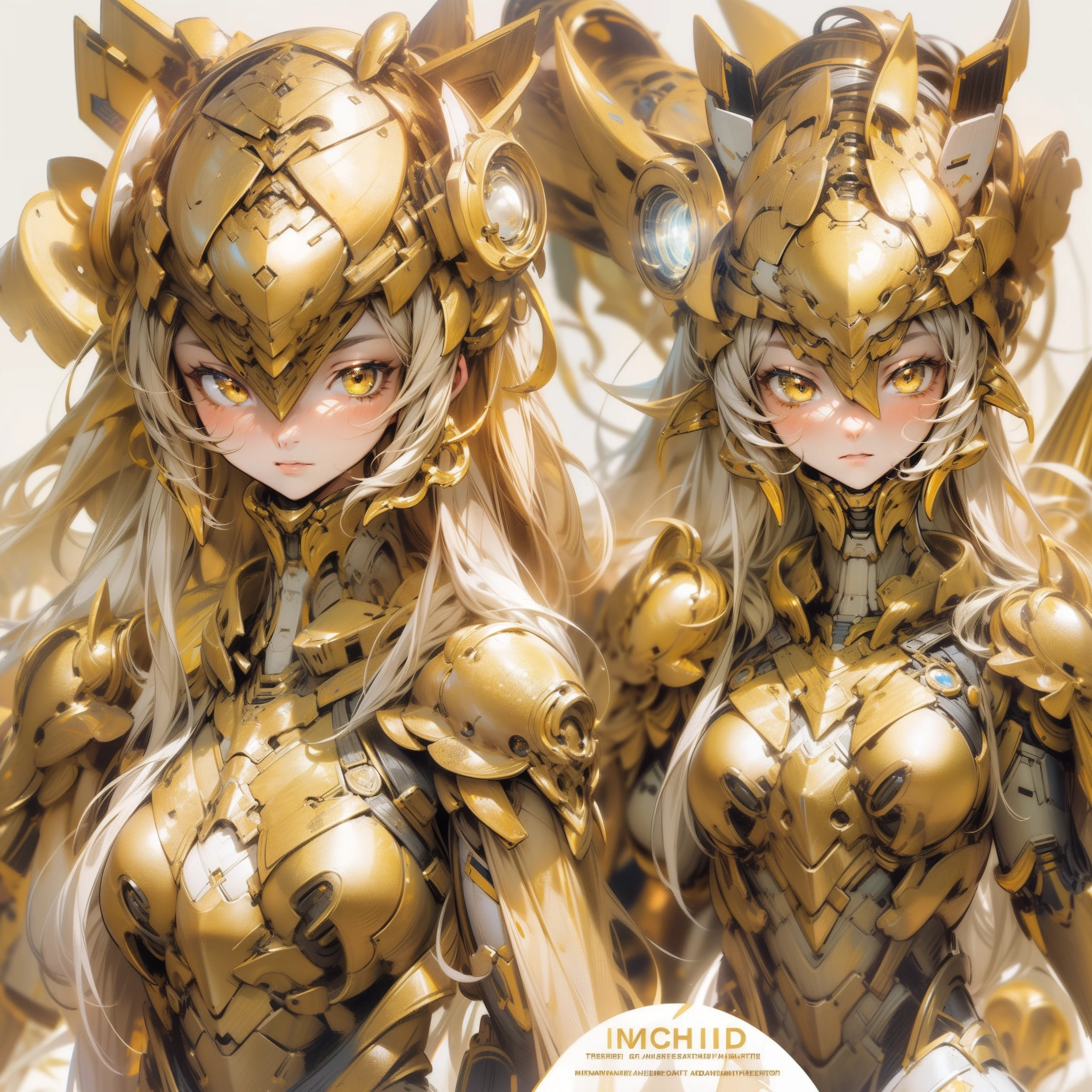 ((Masterpiece, Highest quality)), Detailed face, CharacterDesignSheet， full bodyesbian, Full of details, Multiple poses and expressions, Highly detailed, Depth, Many parts，beuaty girl，cinmatic lighting，with light glowing，Armour，mechs，Golden robes，golden colored