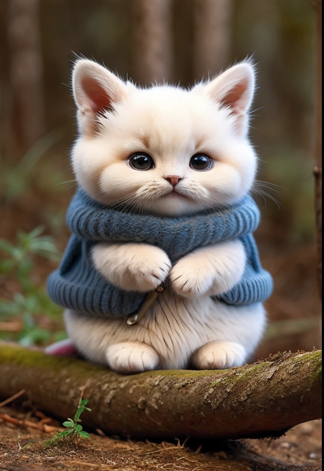 Fluffy cat sitting near the roots of a tree in the middle of the mountain, cute