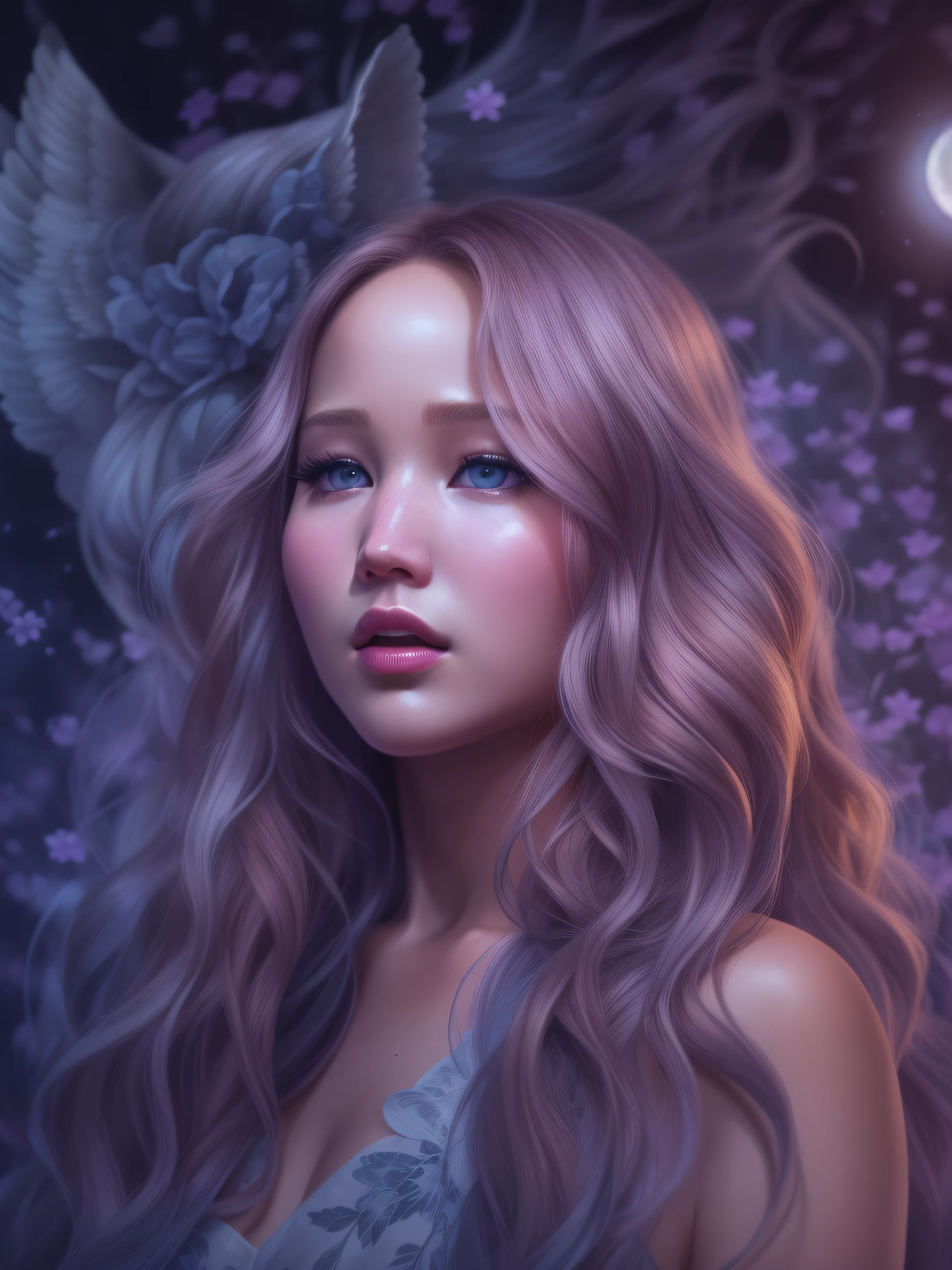 a full body painting of Jennifer Lawrence with a long hairstyle, dreamlike atmosphere, a hyperrealistic painting, notes on top of the drawing, inspired by Yanjun Cheng, artwork in the style of the quiz, detailed digital 3d art, hyperrealistic, detailed, beautiful art uhd 4k, Japanese pop surrealism, painting of beautiful, sadness face, heartbroken expression, moonlight background
