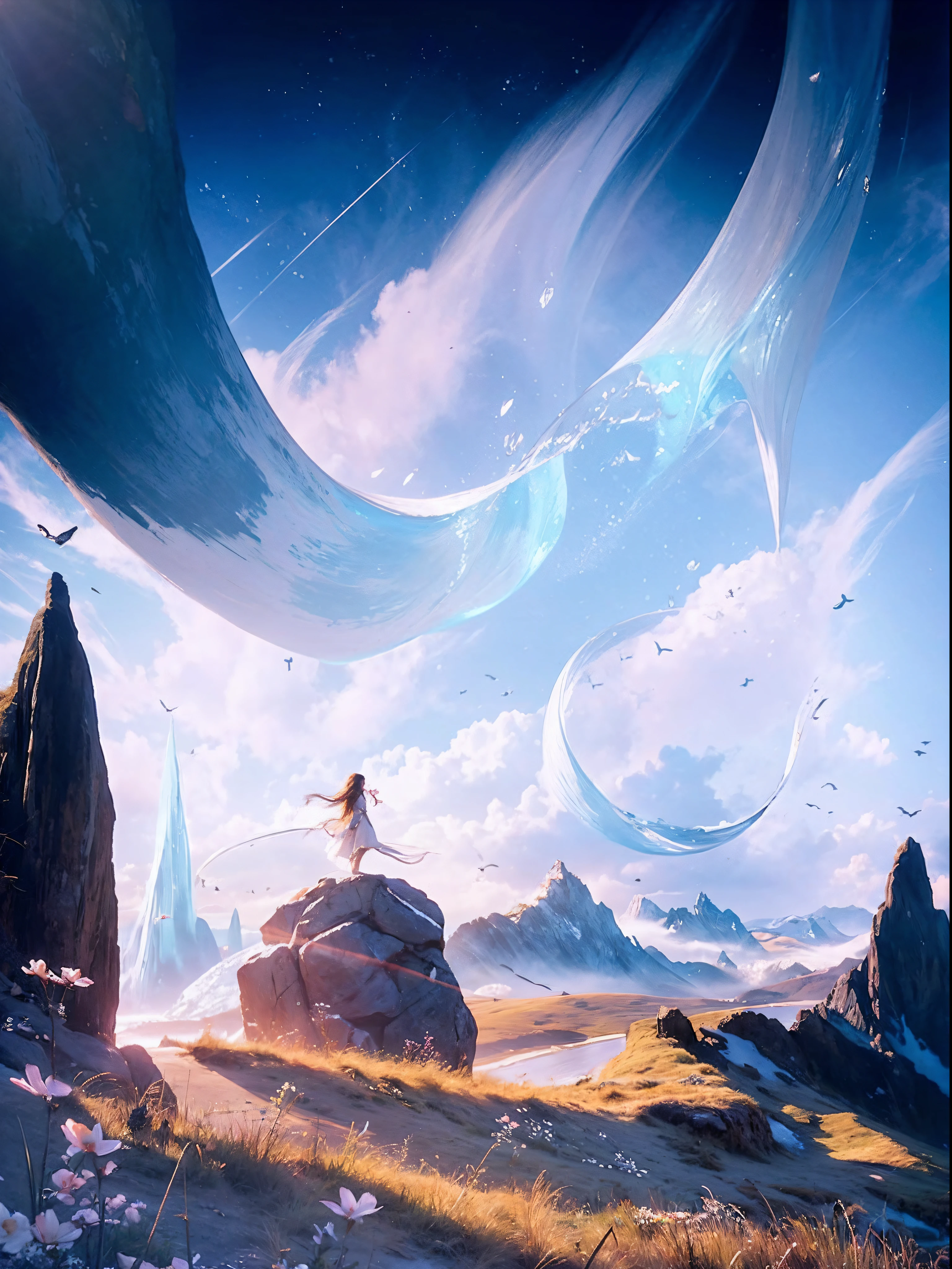lanscape, 8k potrait of realistic beautiful landscape with human standing in top of climb, intricate, elegant, realistic depth of field photography, perfect natural lighting (masterpiece, sidelighting, finely detailed beautiful lanscape), long hair, realistic lots of hair, realistic suit, realistic mountain, realistic sky, beautiful sky, ray of light, rule of third photography, point of interest photography, perfect lanscape color tone, realistic river, realistic stone, realistic flower, realistic grass, realistic climb, realistic tree,