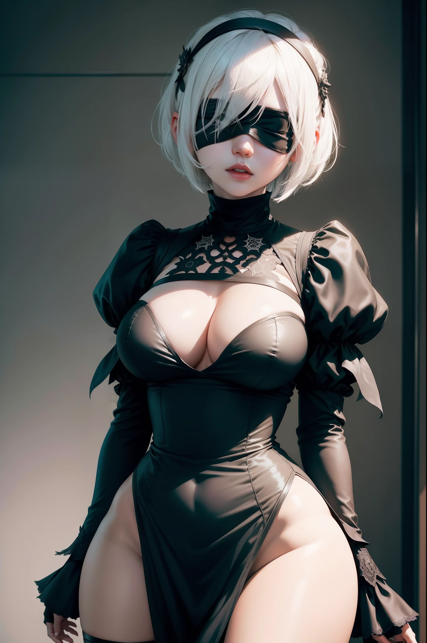 yorha no. 2 type b, 1girl, wlop, (blindfold), breasts, cleavage, cleavage cutout, clothing cutout, green background, hair between eyes, hairband, highres, juliet sleeves, long sleeves, nier (series), nier automata,  puffy sleeves, red lips, shaded face, short hair, solo, turtleneck, upper body, white hair, sky