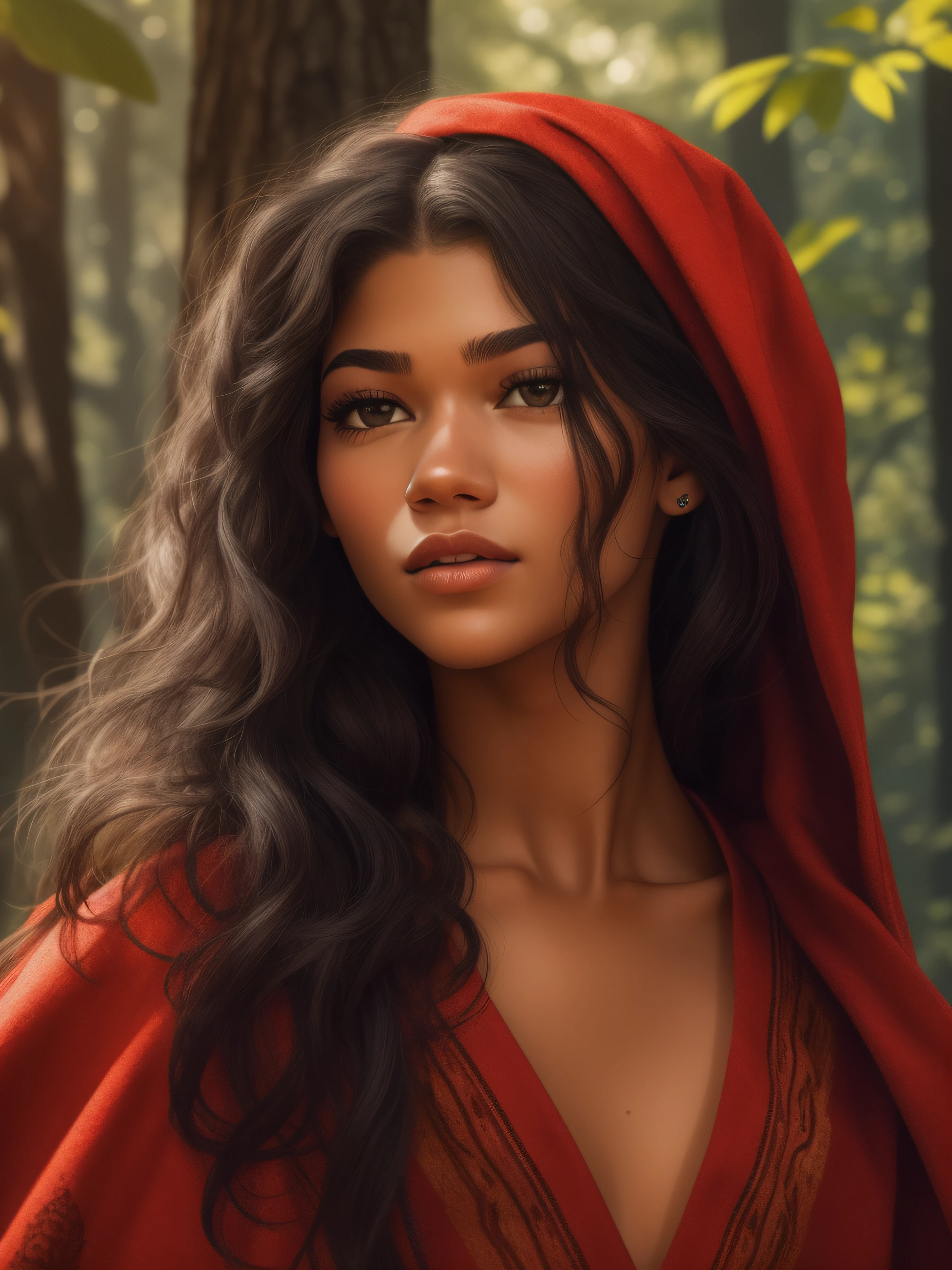 A realistic body portrait of Zendaya with wavy long black hair, a complete body, big dark brown eyes, Dressed in a red Lioncloth and a perfect oval face, rendered in a photorealistic style with sharp edges and a vibrant atmosphere, lying in a lush forest with a loose shirt and a bright sunbeam. high details in body skin, day in a camp with the young woman