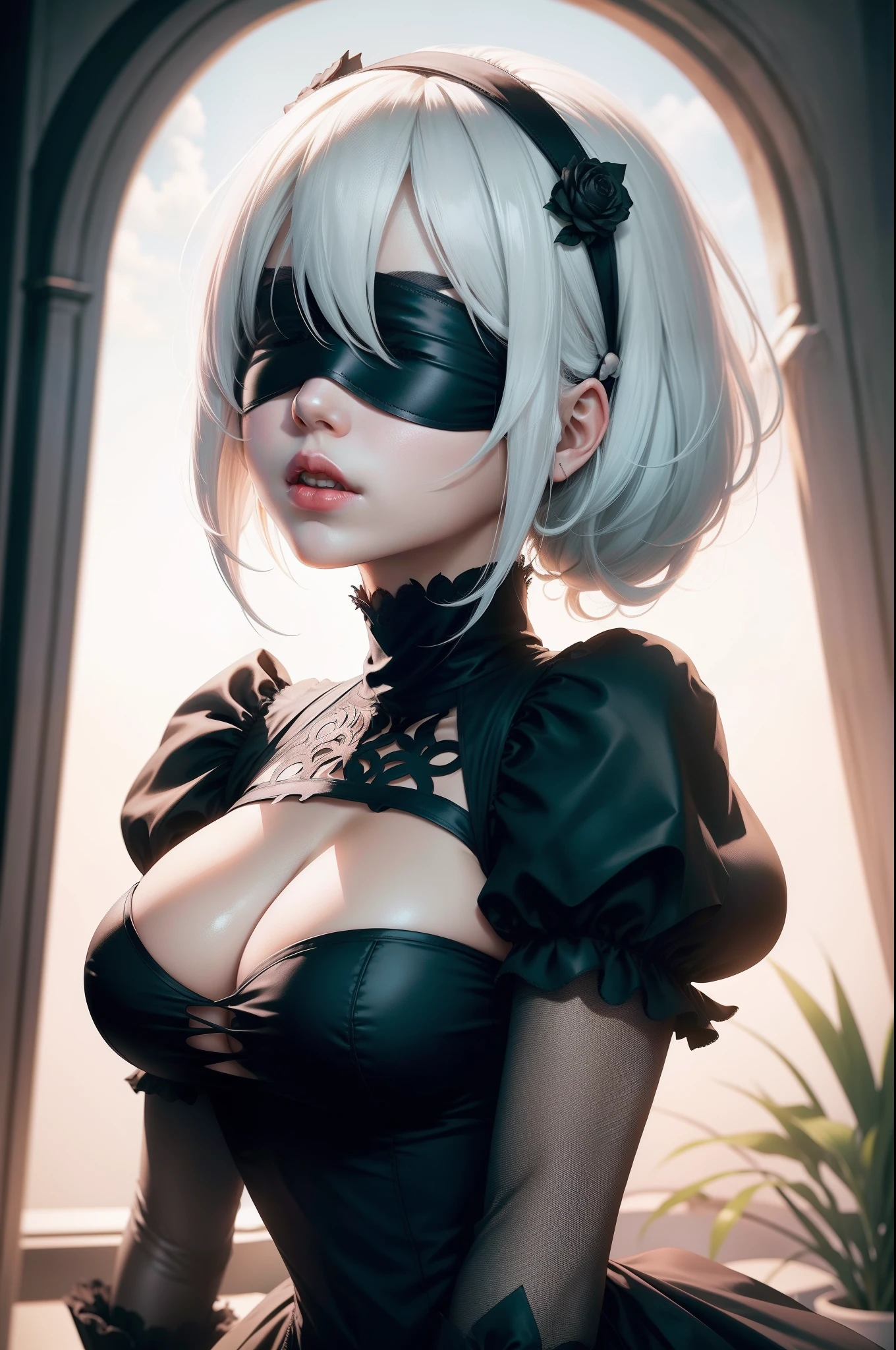 yorha no. 2 type b, 1girl, wlop, (blindfold), breasts, cleavage, cleavage cutout, clothing cutout, green background, hair between eyes, hairband, highres, juliet sleeves, long sleeves, nier (series), nier automata,  puffy sleeves, red lips, shaded face, short hair, solo, turtleneck, upper body, white hair, sky