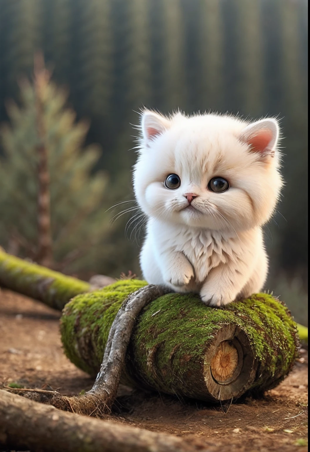 Fluffy cat sitting near the roots of a tree in the middle of the mountain, cute