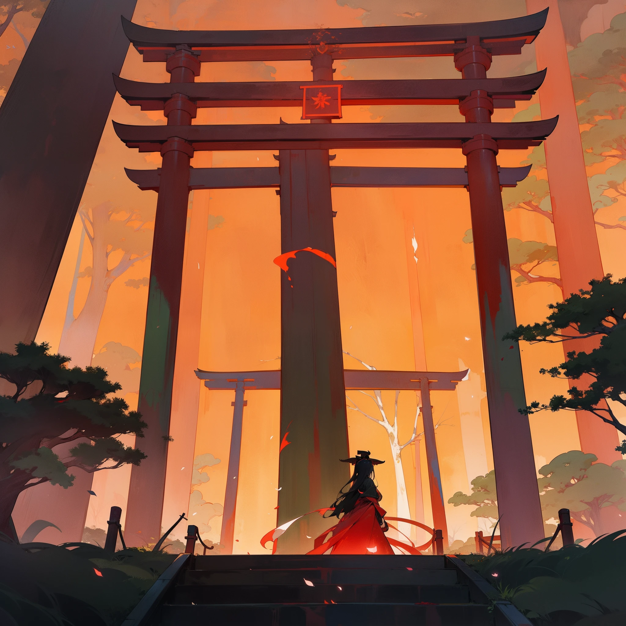 In the darkness of night、Reddish torii gates stand side by side、Behind it is a dark green tree々Spread。The red torii gate glows colorfully、The figure is the most fantastic and mystic。The scent of flowers wafts in the air from afar、Beautiful like the highest quality landscape paintings、Scenery that draws in the heart spreads out。