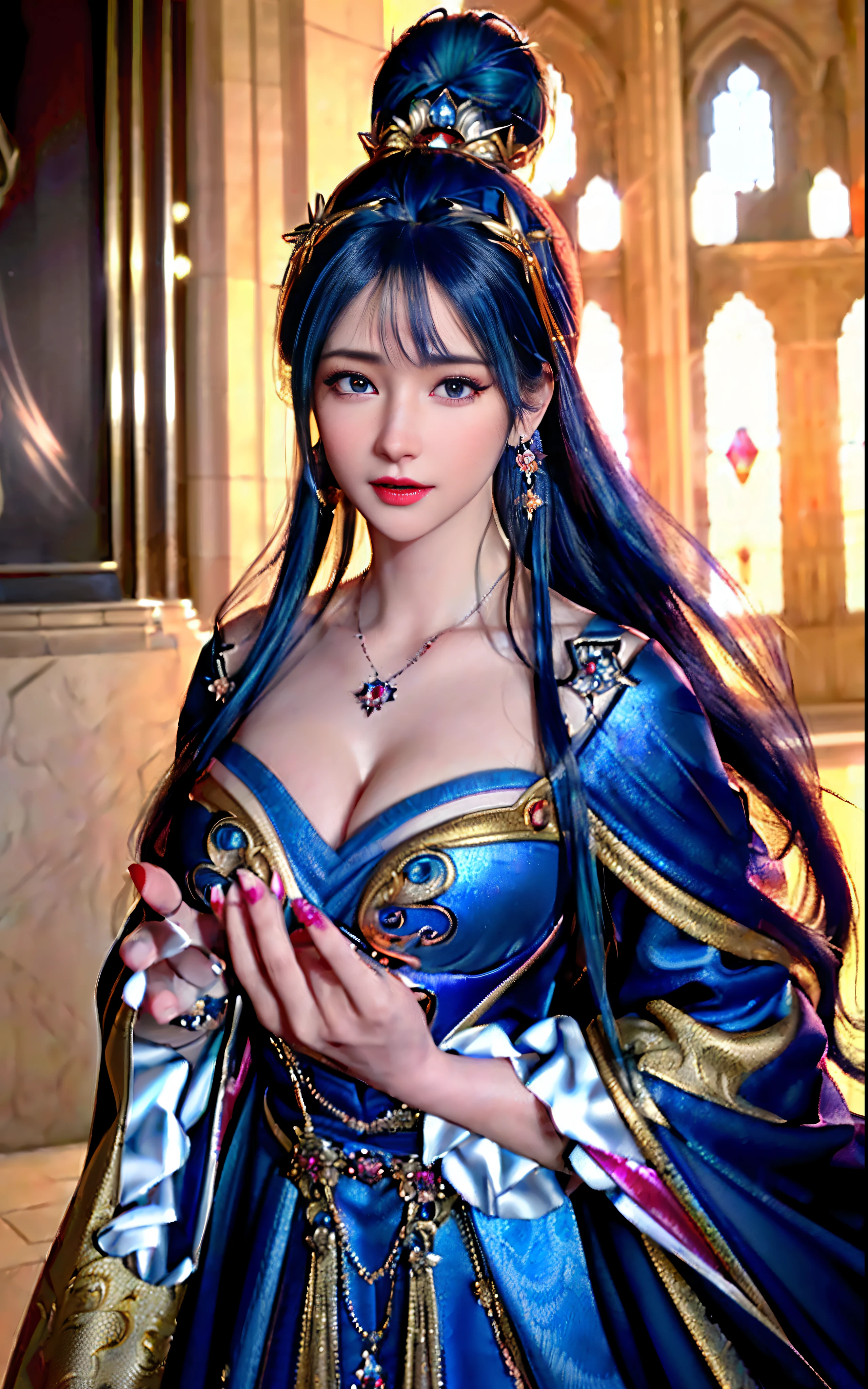((realisticity: 1.2)), ((realistic: 8K UHD)), ((best resolution: 8K UHD)), hyper detailed, best quality,masterpiece,highres,cg, ((1 girl hyper detailed and hyper realistic) ) , ((beautiful queen, hyper realistic and hyper detailed)),((white skin, beautiful, smooth, youthful, hyper realistic and hyper detailed )), ((Face hyper beautiful, white, hyper realistic and hyper detailed ) ), long hair, ((hyper realistic and hyper detailed dress)), solo, ((hyper realistic, hyper beautiful, beautiful and hyper detailed jewelry)), ((hyper beautiful deep red and golden yellow dress, hyper realistic and hyper detailed )) , ((Her pretty, hyper realistic, hyper detailed diamond filled earrings)), ((Her gorgeous diamond haircut, hyper realistic and hyper detailed)), ((hyper pretty upper body, hyper beautiful, hyper realistic and hyper detailed) ), ((medium breast: 1.1)), ((hyper realistic, hyper pretty, hyper detailed boobs)), ((the backgroun of the royal palace is hyper majestic, hyper realistic and hyper detailed)),((hands and palms hyper beautiful, hyper detailed, hyper realistic)), ((hyper detailed and hyper realistic fingers and fingernails)), ((hyper pretty fingernails, hyper vivid, hyper detailed, hyper realistic)), ((thumb, index finger, middle finger, ring finger, little finger hyper vivid, hyper pretty, hyper detailed, hyper realistic)), ((hyper beautiful fingers, hyper detailed, and hyper realistic)), ((posture not too fat and not too thin, hyper realistic, hyper detail)), ((hyper pretty, hyper pretty, hyper realistic and hyper detailed hair bun)), ((hyper pretty , hyper realistic and hyper detailed blue hair)), candid, Photo, high resolution, 8k , bokeh,
