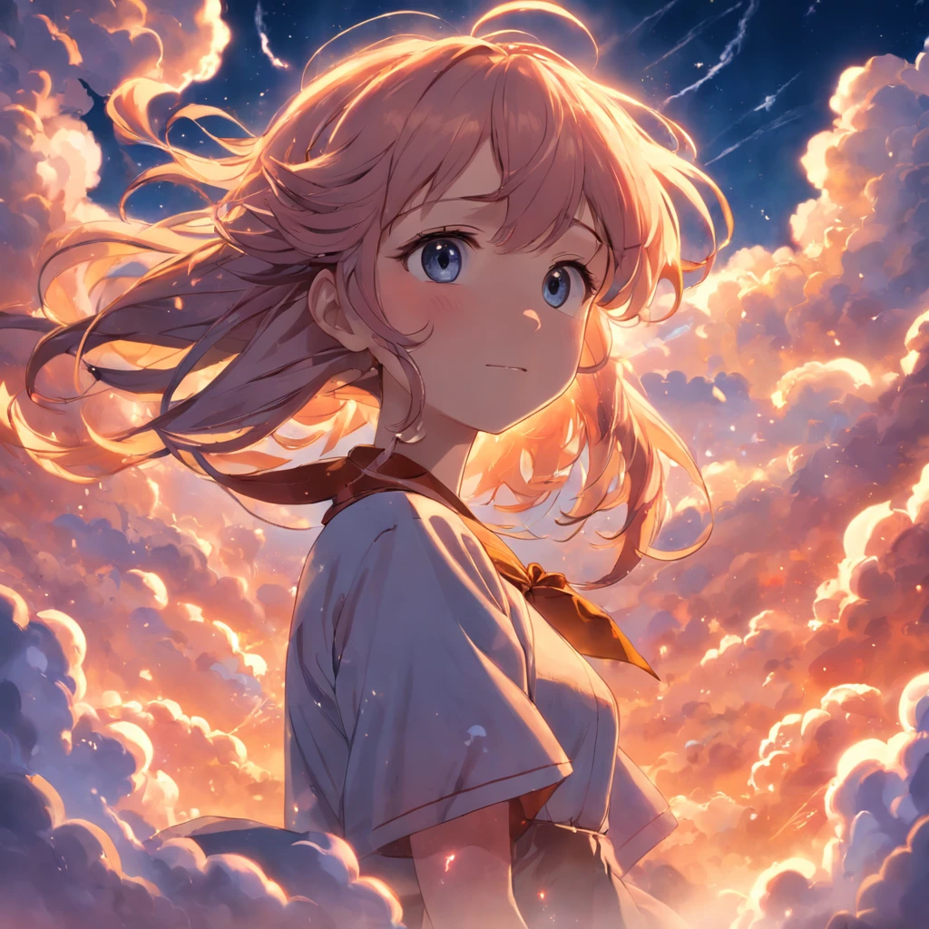 masterpiece, best quality, movie still, 1girl, cloud girl, floating in the sky, close-up, bright, happy, warm soft lighting, sunset, (sparks:0.7)
