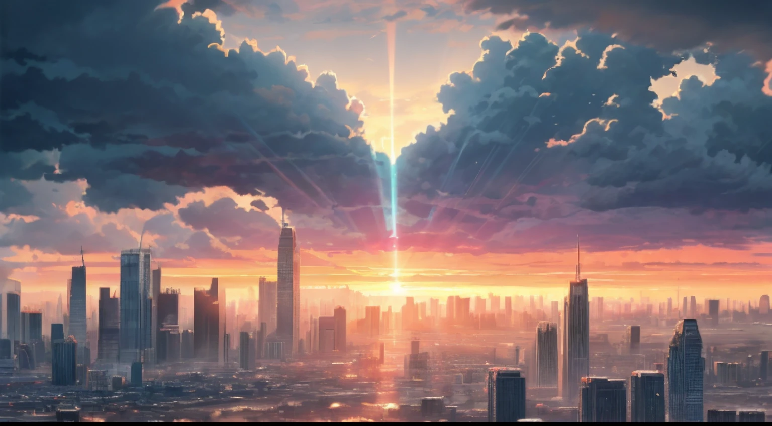 High quality, High resolution, Extreme Detail, No person, grey sky, feeling of despair, "Enchanting sunset scene mesmerized by the rays of the sun and the golden rays of the majestic clouds, Create a vibrant color palette that inspires awe. masutepiece." Looking up at the iridescent sky, posterior view, dystopian, Crumbling cities, with backdrop of god rays, the sun up on the sky is strong, sky in a background, with dramatic sky, end of the world, Miraculous cloudy background, sky in a background, Glowing clouds in the background, Some sun rays, Light and clouds, sky in a background, Clouds in the background, landscape