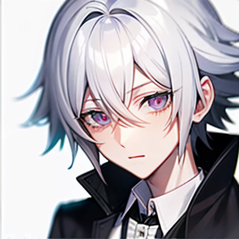 Anime boy with white hair, blue eyes and black trench coat, kaworu nagisa, neferpitou, silber hair, nagito komaeda, koyoharu gotouge, white haired Cangcang, hajime yatate, a silver haired mad, white-haired god, he has dark grey hairs, whaite hair, gapmoe yandere