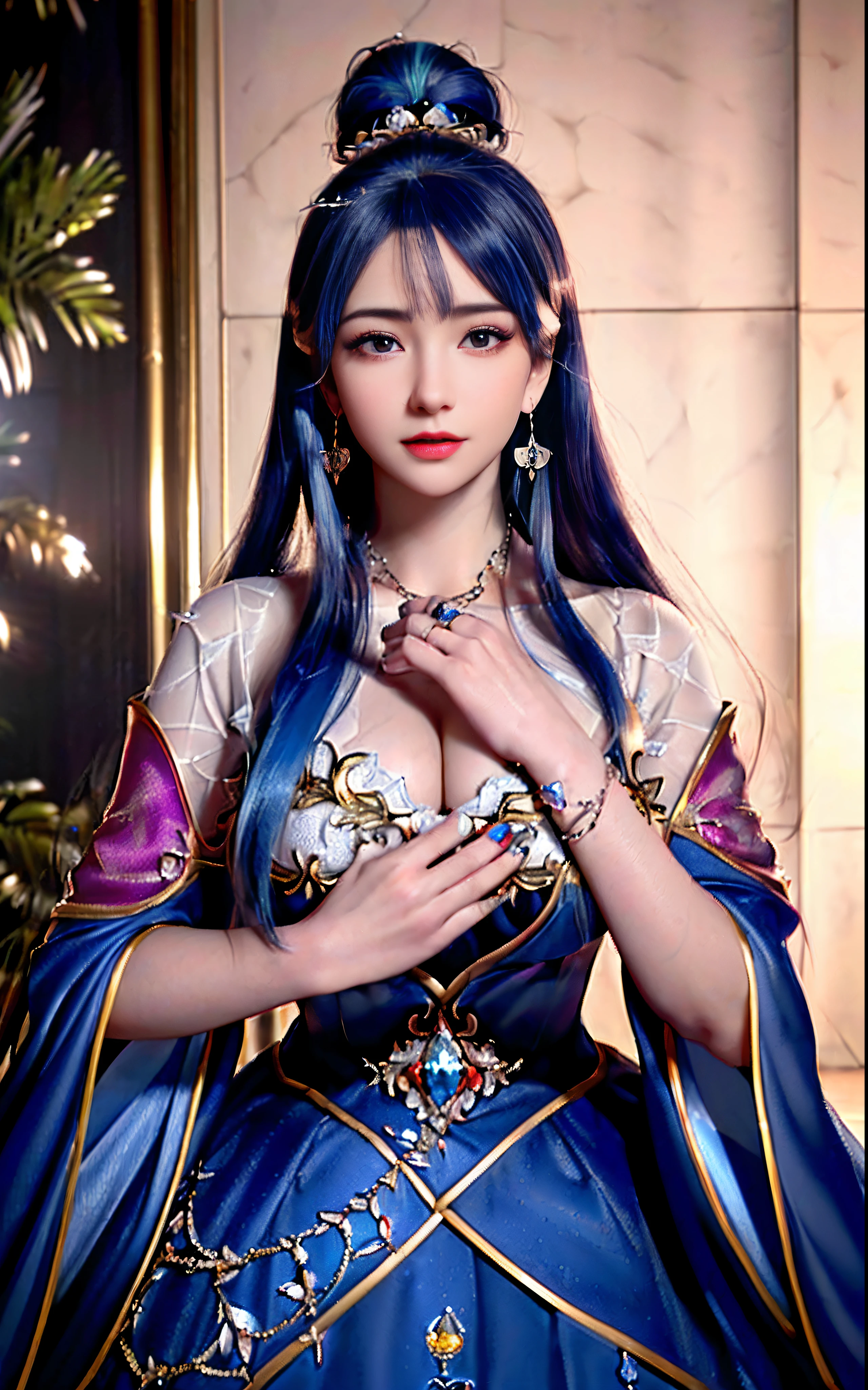 ((realisticity: 1.2)), ((realistic: 8K UHD)), ((best resolution: 8K UHD)), hyper detailed, best quality,masterpiece,highres,cg, ((1 girl hyper detailed and hyper realistic) ) , ((beautiful queen, hyper realistic and hyper detailed)),((white skin, beautiful, smooth, youthful, hyper realistic and hyper detailed )), ((Face hyper beautiful, white, hyper realistic and hyper detailed ) ), long hair, ((hyper realistic and hyper detailed dress)), solo, ((hyper realistic, hyper beautiful, beautiful and hyper detailed jewelry)), ((hyper beautiful deep red and golden yellow dress, hyper realistic and hyper detailed )) , ((Her pretty, hyper realistic, hyper detailed diamond filled earrings)), ((Her gorgeous diamond haircut, hyper realistic and hyper detailed)), ((hyper pretty upper body, hyper beautiful, hyper realistic and hyper detailed) ), ((medium breast: 1.1)), ((hyper realistic, hyper pretty, hyper detailed boobs)), ((the backgroun of the royal palace is hyper majestic, hyper realistic and hyper detailed)),((hands and palms hyper beautiful, hyper detailed, hyper realistic)), ((hyper detailed and hyper realistic fingers and fingernails)), ((hyper pretty fingernails, hyper vivid, hyper detailed, hyper realistic)), ((thumb, index finger, middle finger, ring finger, little finger hyper vivid, hyper pretty, hyper detailed, hyper realistic)),  
((hyper beautiful fingers, hyper detailed, and hyper realistic)), ((posture not too fat and not too thin, hyper realistic, hyper detail)), ((hyper pretty, hyper pretty, hyper realistic and hyper detailed hair bun)), ((hyper pretty , hyper realistic and hyper detailed blue hair)), candid, Photo, high resolution, 8k , bokeh,