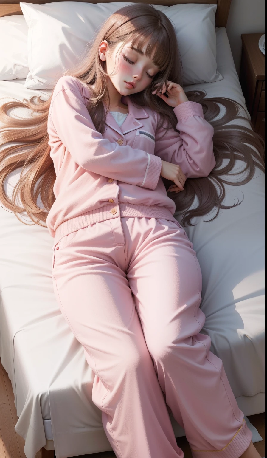 Sleeping girl, 22 years old, realistic, she is wearing long pants, she is wearing pink pajama, brown hair.