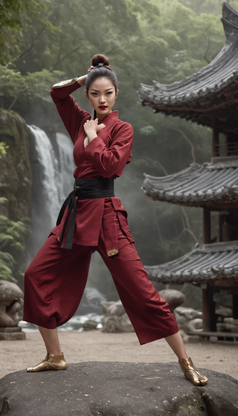 The expression is a smile. Produce a female martial artist costume designed in shades of deep red and black. Give this image a dynamic feeling of fire and wind. Next, add a combat outfit (raw legs or tights) designed to accentuate the lines of the body (mini-skirt or spats) and give it a special touch with metal accents and belts. Further, combine accessories with gold or silver armbands, a cape without a brim and matching rings or earrings. Finally, emphasise the martial artist's strength and charm with sharp eyeliner and a deep red lip. Dynamic poses: adopt poses that show the energy and movement of a martial artist, such as fists thrust forward or raising one leg to replicate the action of a kick. Location: an ancient stone dojo with a thick mist in the air. It is surrounded by old stone statues and bamboo forests, with a cascading waterfall in the background. The place has a mystical and historical atmosphere that complements the martial artist's costume and its dynamism.