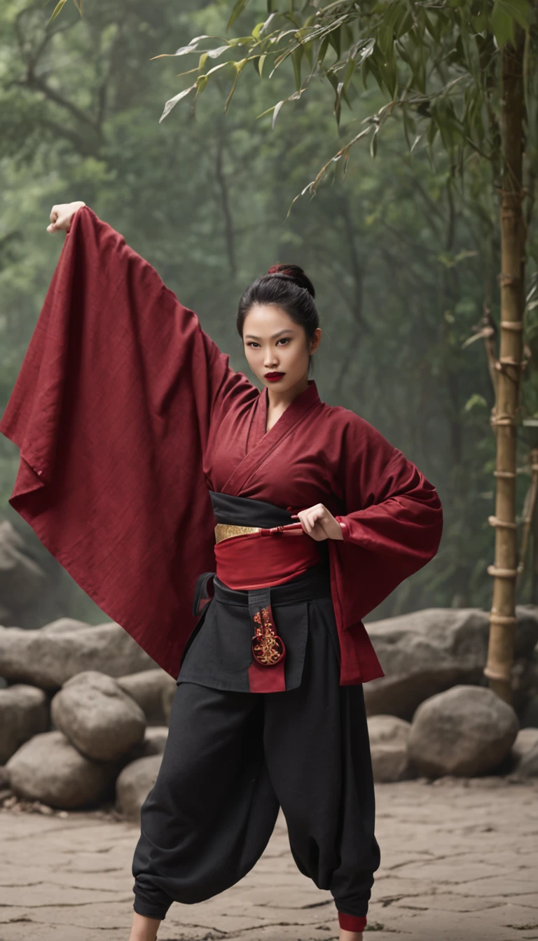 The expression is a smile. Produce a female martial artist costume designed in shades of deep red and black. Give this image a dynamic feeling of fire and wind. Next, add a combat outfit (raw legs or tights) designed to accentuate the lines of the body (mini-skirt or spats) and give it a special touch with metal accents and belts. Further, combine accessories with gold or silver armbands, a cape without a brim and matching rings or earrings. Finally, emphasise the martial artist's strength and charm with sharp eyeliner and a deep red lip. Dynamic poses: adopt poses that show the energy and movement of a martial artist, such as fists thrust forward or raising one leg to replicate the action of a kick. Location: an ancient stone dojo with a thick mist in the air. It is surrounded by old stone statues and bamboo forests, with a cascading waterfall in the background. The place has a mystical and historical atmosphere that complements the martial artist's costume and its dynamism.