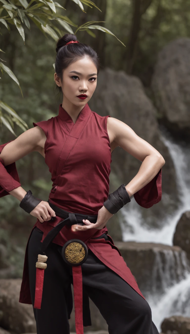 The expression is a smile. Produce a female martial artist costume designed in shades of deep red and black. Give this image a dynamic feeling of fire and wind. Next, add a combat outfit (raw legs or tights) designed to accentuate the lines of the body (mini-skirt or spats) and give it a special touch with metal accents and belts. Further, combine accessories with gold or silver armbands, a cape without a brim and matching rings or earrings. Finally, emphasise the martial artist's strength and charm with sharp eyeliner and a deep red lip. Dynamic poses: adopt poses that show the energy and movement of a martial artist, such as fists thrust forward or raising one leg to replicate the action of a kick. Location: an ancient stone dojo with a thick mist in the air. It is surrounded by old stone statues and bamboo forests, with a cascading waterfall in the background. The place has a mystical and historical atmosphere that complements the martial artist's costume and its dynamism.