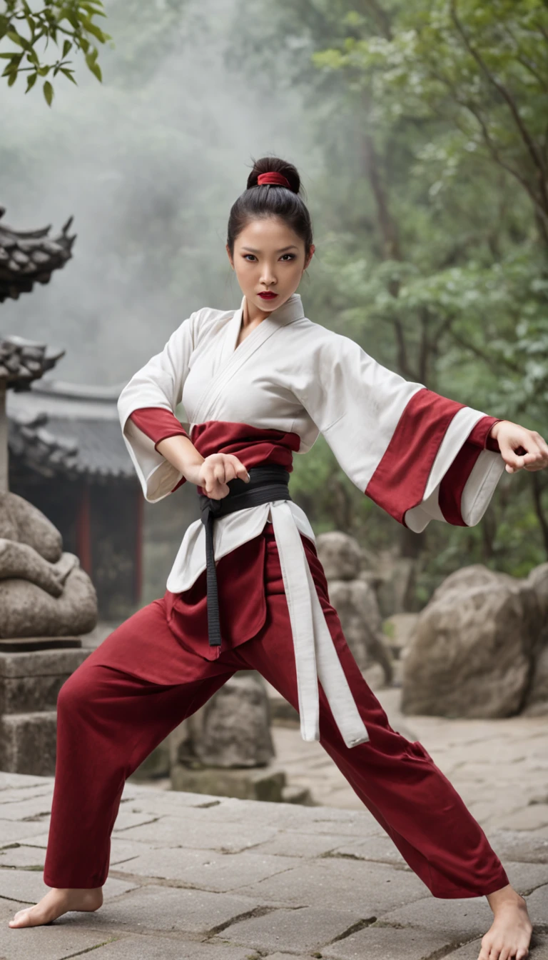 The expression is a smile. Produce a female martial artist costume designed in shades of deep red and black. Give this image a dynamic feeling of fire and wind. Next, add a combat outfit (raw legs or tights) designed to accentuate the lines of the body (mini-skirt or spats) and give it a special touch with metal accents and belts. Further, combine accessories with gold or silver armbands, a cape without a brim and matching rings or earrings. Finally, emphasise the martial artist's strength and charm with sharp eyeliner and a deep red lip. Dynamic poses: adopt poses that show the energy and movement of a martial artist, such as fists thrust forward or raising one leg to replicate the action of a kick. Location: an ancient stone dojo with a thick mist in the air. It is surrounded by old stone statues and bamboo forests, with a cascading waterfall in the background. The place has a mystical and historical atmosphere that complements the martial artist's costume and its dynamism.