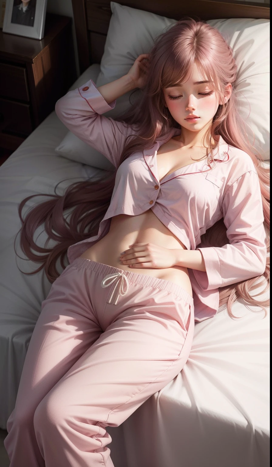 Sleeping girl, 22 years old, realistic, she is wearing long pants, she is wearing pink pajama, brown hair.