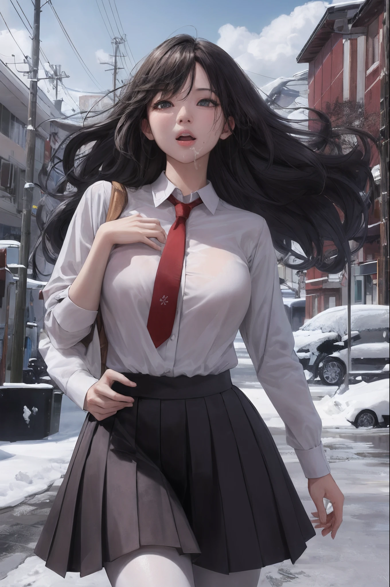 ((in the dark, in the dim deep mountain pass, dark sky, trees)), (((round face))), (blush, drooping eyes), ((large areolas, bending to open legs, showing off her groin)), young woman, white summer shirt, ribbon, pleated skirt,