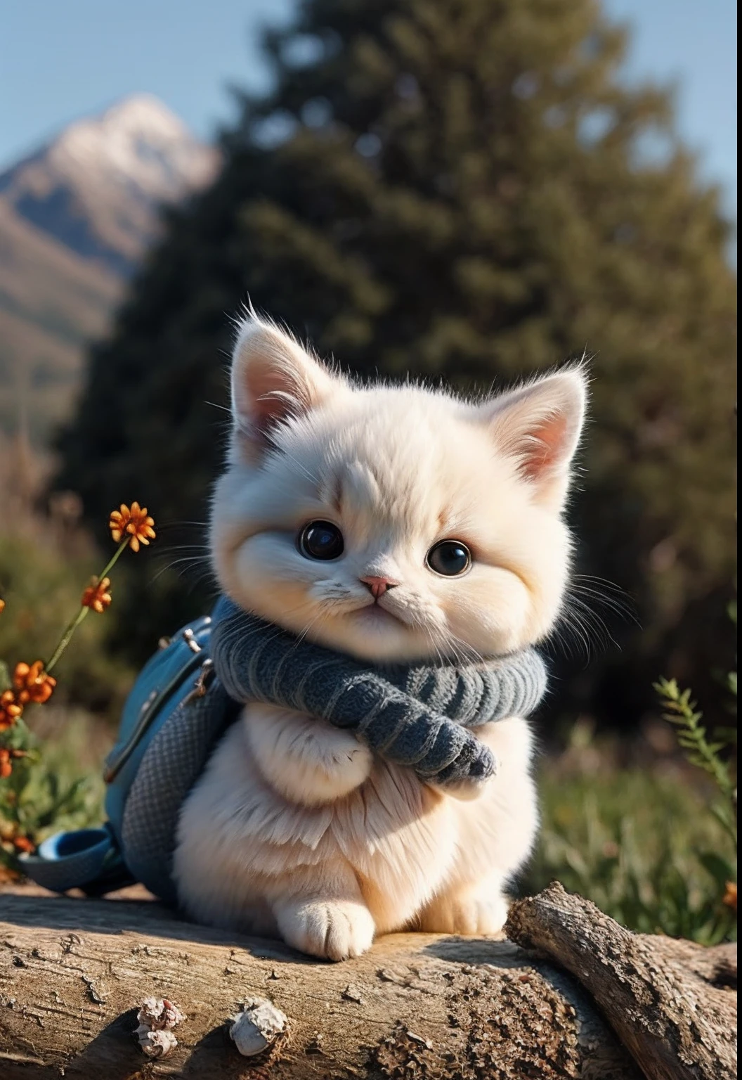 Fluffy cat sitting near the roots of a tree in the middle of the mountain, cute