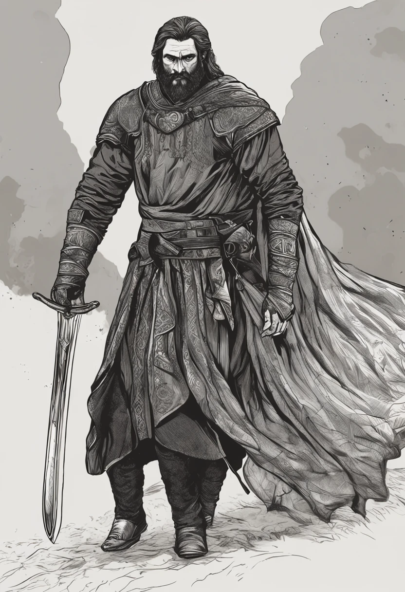 folha de rpg, um homem forte de rosto quadrado e barba rala, shoulder-length blonde hair, usando roupas pretas medievais sem qualquer detalhe a mais, uma camisa preta medieval, A medieval black gibbon, one of the raised hands holding a sword, sem fundo, hand-drawn