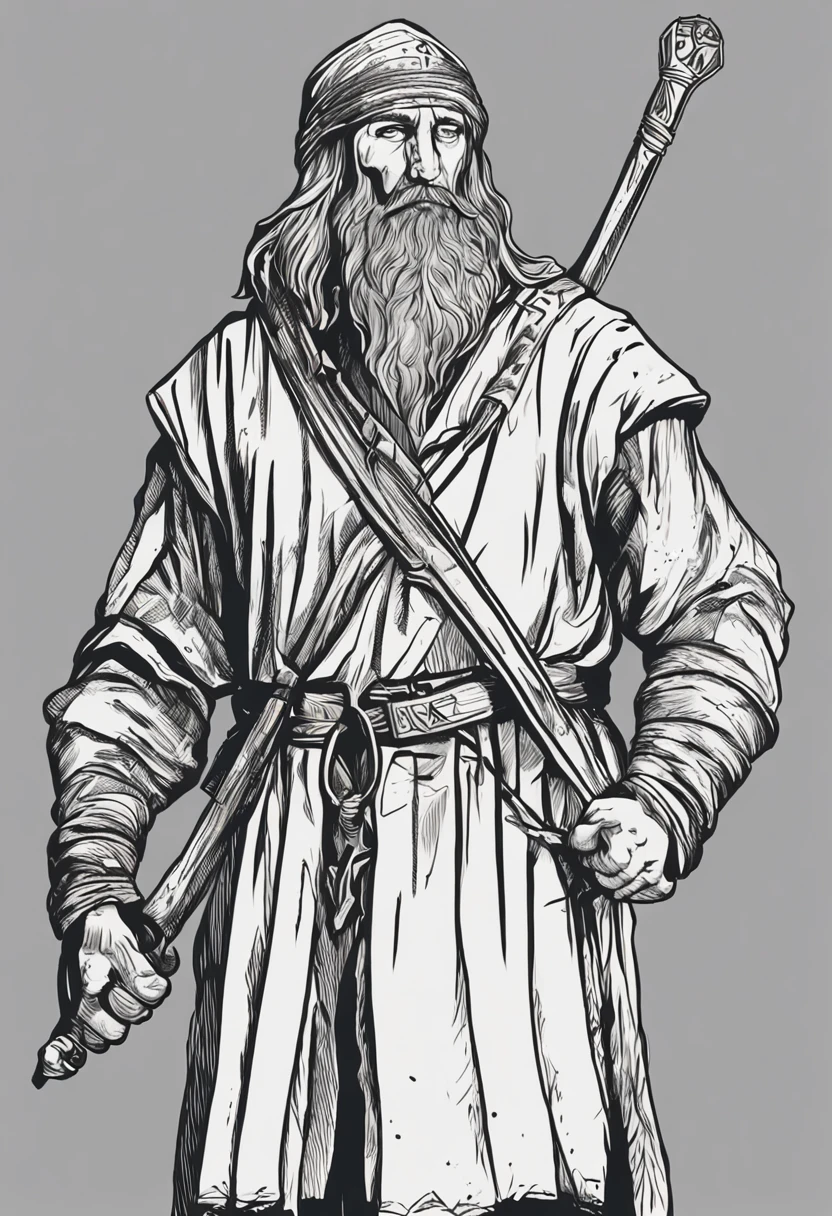 folha de rpg, um homem forte de rosto quadrado e barba rala, shoulder-length blonde hair, usando roupas pretas medievais sem qualquer detalhe a mais, uma camisa preta medieval, A medieval black gibbon, one of the raised hands holding a sword, sem fundo, hand-drawn