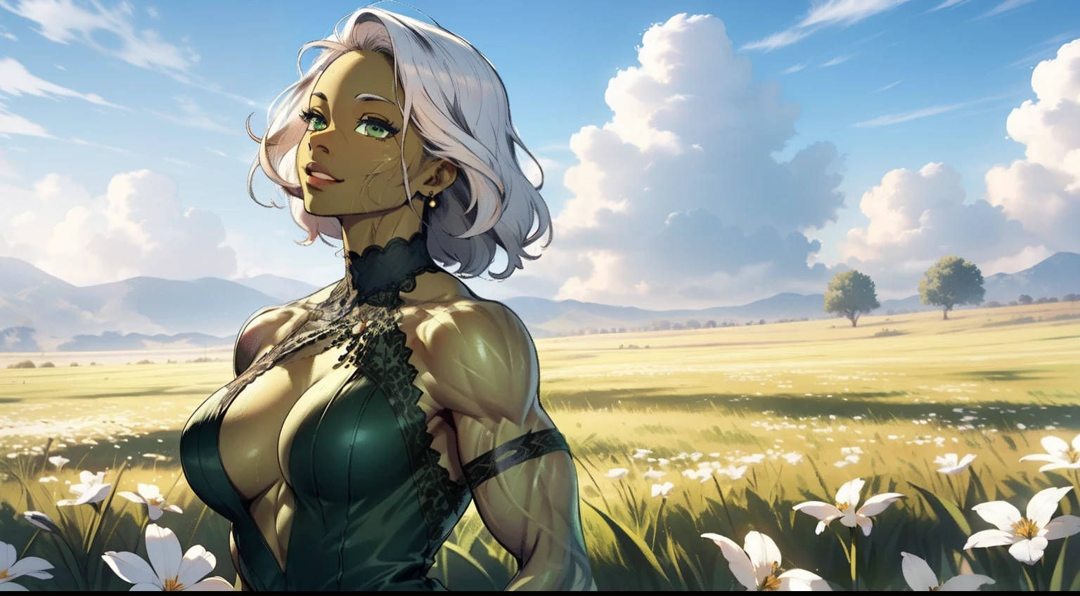 ((Masterpiece)), ((extreme details)), ultra quality, Masterpiece,Ultra-detailed,8k,,realism,Realisitc,\(Detailed Beautiful Mature Face\),\(Hyper-detailed green eyes\), ((dark skin slightly green)), ((1 femme)), femme orque, Muscular woman in short summer dress in light and semi-transparent fabric, Dancing on a field of flowers on a windy day, (Slightly transparent white nightgown), (dark skin slightly green), Regarder le spectateur, sourire affectueux, Bague en or, very muscular body, (Silvery white hair), (cheveux en queue de cheval), Yeux verts, Muscular sexy figure, massive and huge breasts, thick muscular ass, moite, wet, Field of flowers as far as the eye can see, ((High Details)), ((Best quality)), 8k, realism, Ray Tracing, reflection light, textured skin, Rendu CG3D, lighting cinematic,