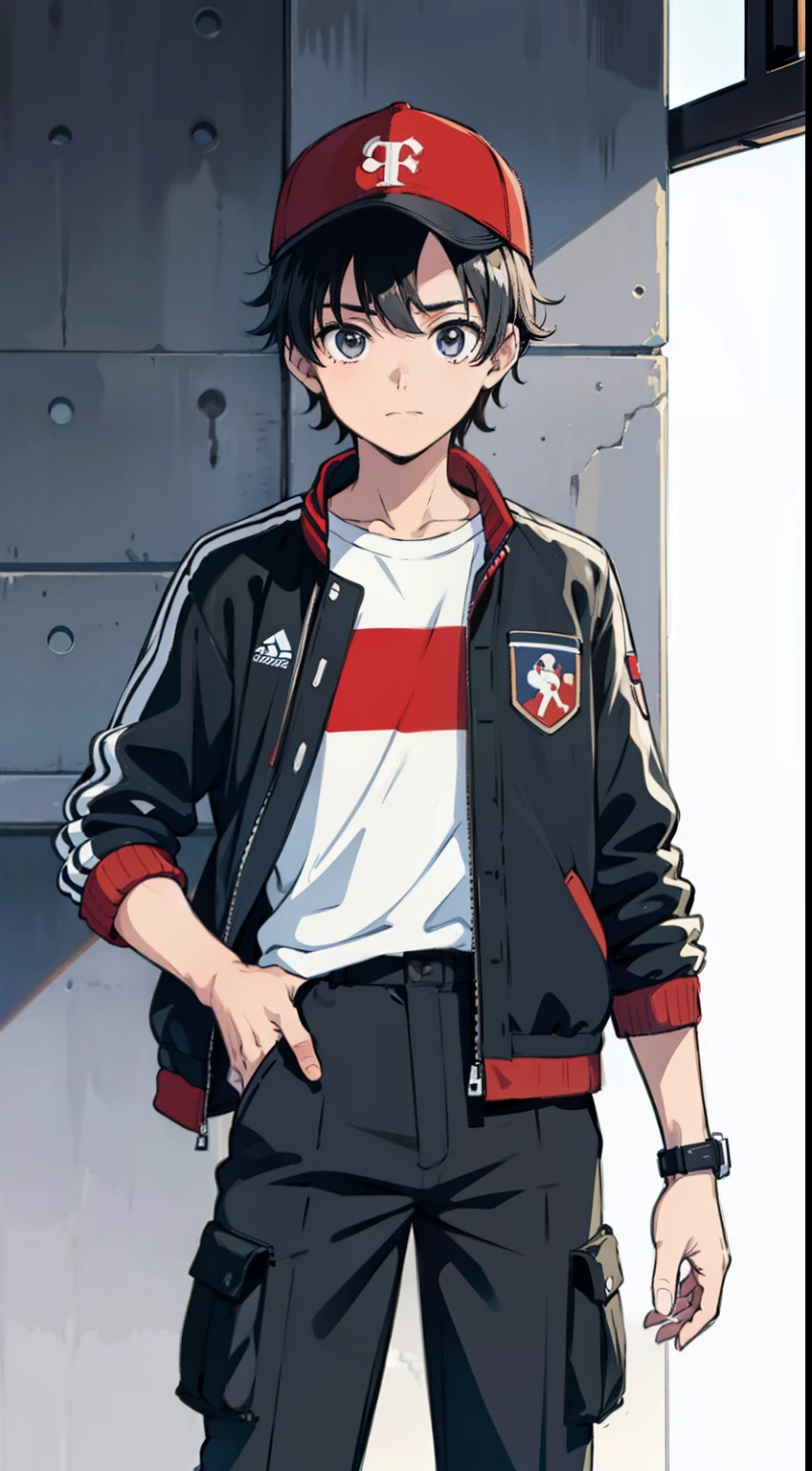 ((1garoto)) jovem, menino, masculino, cabelo marrom, cor marrom dos olhos, Short manga jacket with a red stripe in the middle horizontal and white manga shirt, gray cargo pants, portanto, o smartwatch, Black and white baseball cap with two red stripes, gray cargo pants, sapatos esportivos brancos, desenho, anime, ((master part)) 4k, ((estilo anime)) ((arte conceitual)) corpo inteiro, Standing