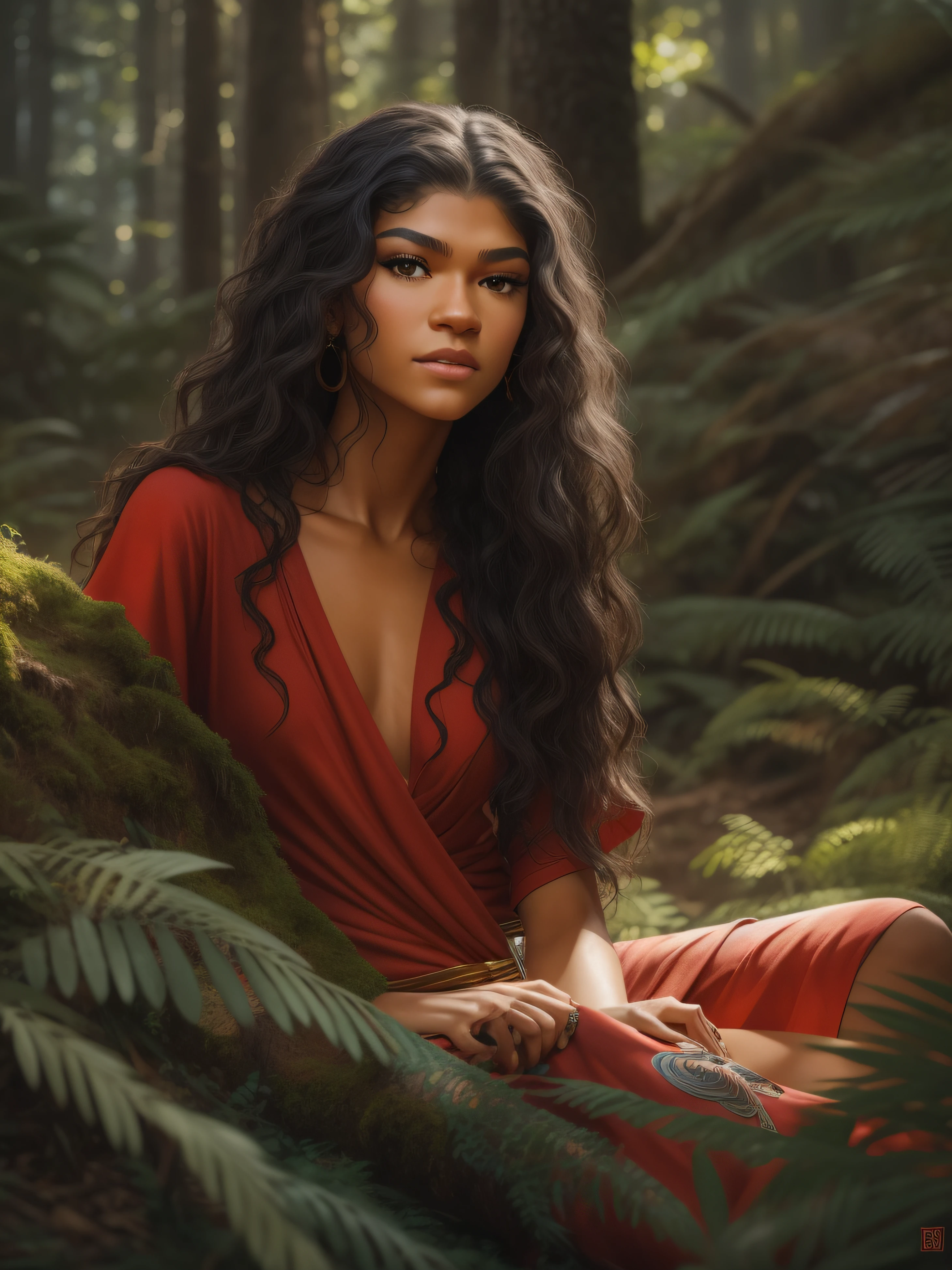 A realistic body portrait of Zendaya with wavy long black hair, a complete body, big dark brown eyes, naked but only dressed in a red Loincloth and a perfect oval face, rendered in a photorealistic style with sharp edges and a vibrant atmosphere, lying in a lush forest with a loose shirt and a bright sunbeam. high details in body skin, day in a camp with the young woman