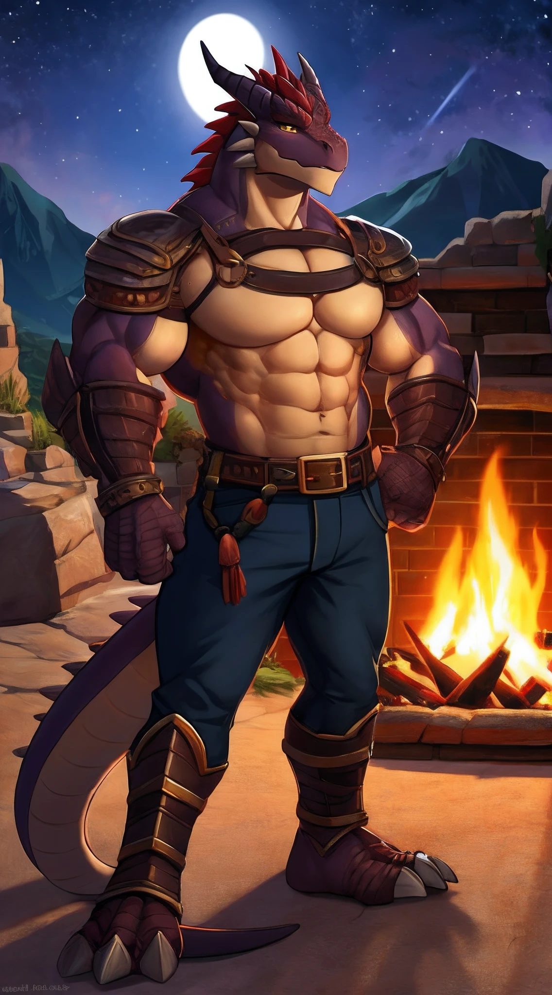 A muscular male dragonborn stands by the fire at night