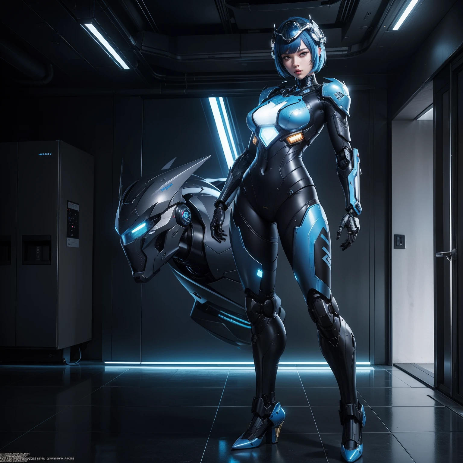 A woman, wearing black mecha suit with blue metal parts + blue robotic armor, suit with light coupling, extremely tight and tight suit, (luminous helmet, cybernetic on the head), monstrously giant breasts, blue hair, short hair, hair with bangs in front of the eyes, looking at the viewer, (((erotic pose interacting and leaning [on something|on an object|on something]))), in an apartment with furniture, refrigerator, glass table, window, ((full body):1.5), 16k, UHD, best possible quality, ultra detailed, best possible resolution, Unreal Engine 5, professional photography, well-detailed fingers, well-detailed hand, perfect_hands, ((mecha style + futuristic style))