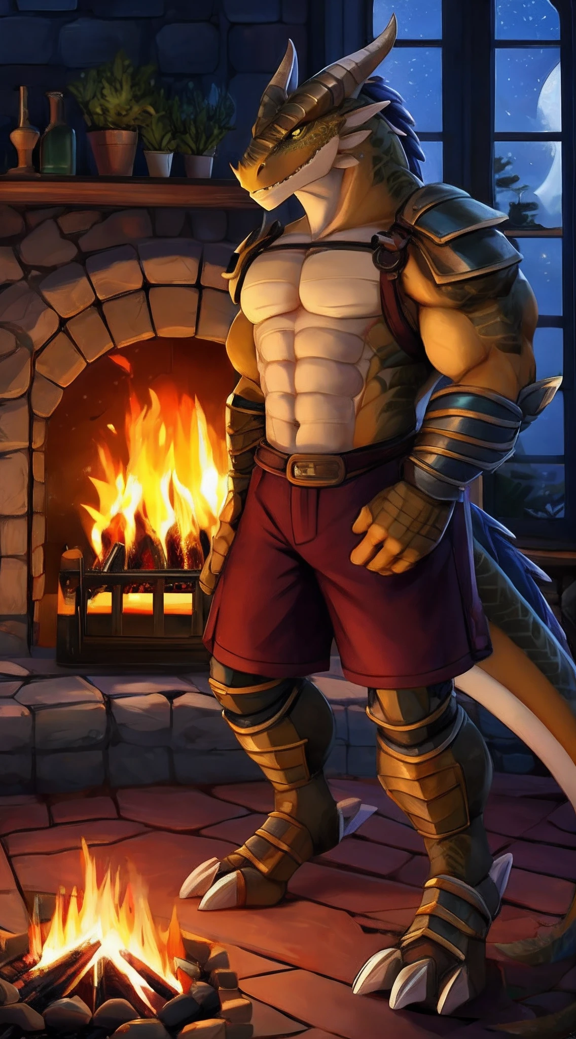 A muscular male dragonborn stands by the fire at night