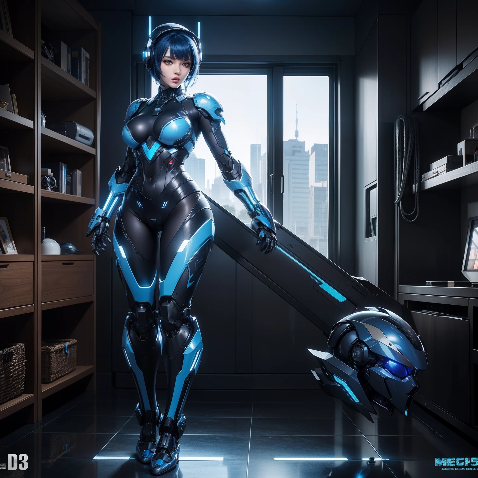 (masterpiece, highest quality, highest resolution, distinct_image, detailed details): (Solo, lone girl, face is Japan, blue-haired girl, short cut, full body figure, small size breasts, sparkling blue color eyes, metallic tone white and blue, pilot suit in black color, tight fit clothes, clothes covering the whole body, beauty, slim body, exoskeleton, sexy pose, White and blue and black metal armor, heroine, headset, boots)