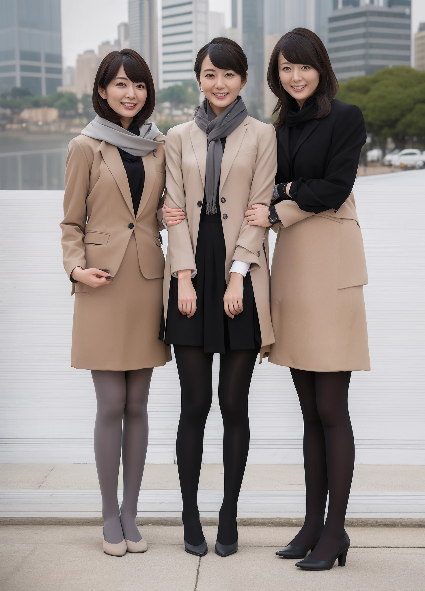 masterpiece,best quality, photo realistic,outdoor, 3girl,black suit, grey suit, scarf, standing,  jacket, skirt, beige stockings, recruit suit,pantyhose, upper body, height 165cm, pumps,