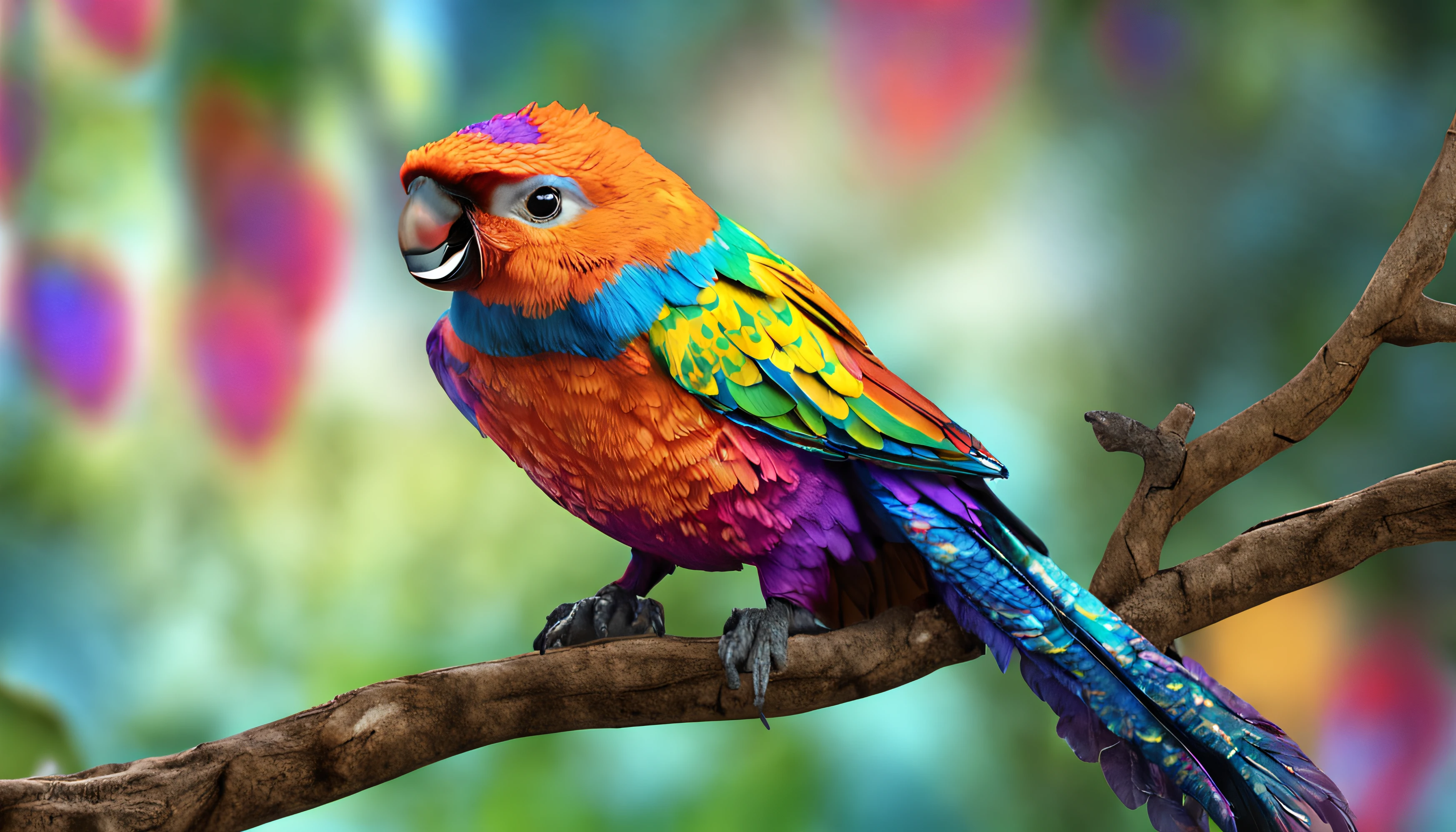 Em uma linda pequena vila，There is a magical forest，arvoredo，campos gramados，pequeno lago，o gatinho curioso, gatinho fofo,  A phoenix-like bird, uma ave linda, an exotic bird with brilliance, plumas multicoloridas, o encontro dos amigos (Gato curioso) e (magic bird), desenho