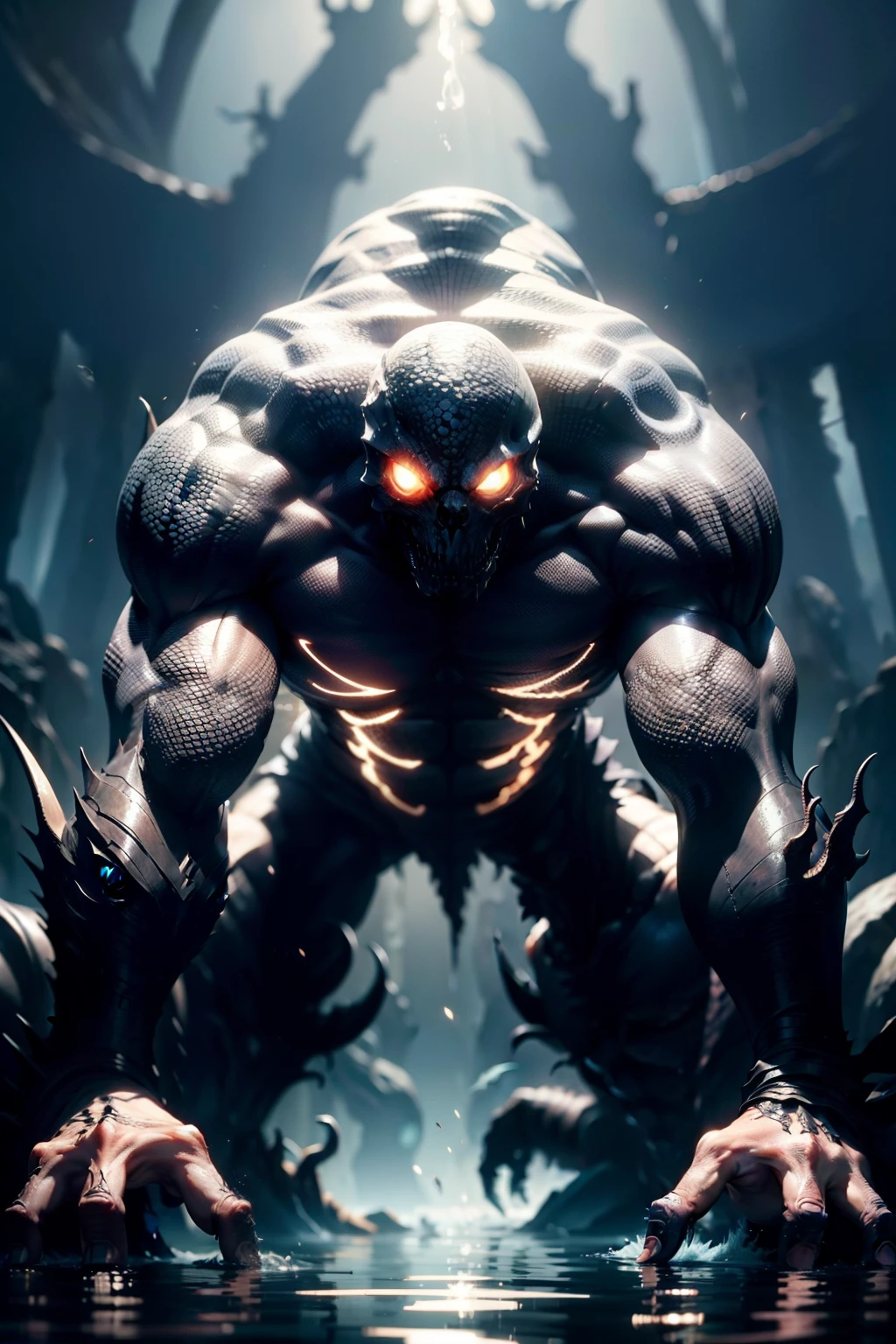 In front of you is a huge creature with a stocky body. Moves on thin spider legs, and the skin is smooth and shiny. The head on a long, flexible neck looks more like a bare skull. The muzzle resembles a human face. The creature feels great as on land, and in water.
This creature is a cursed and condemned to eternal torment archmage from past eras.